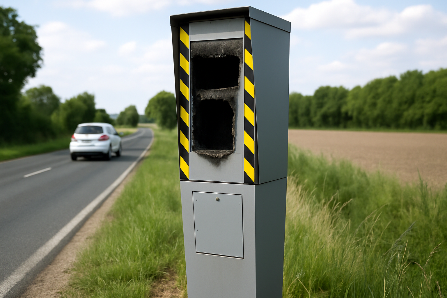 Radar tourelle Mesta Fusion 2 sur mât, vandalisé sur la D347 entre Mirebeau et Loudun, actuellement hors service.
