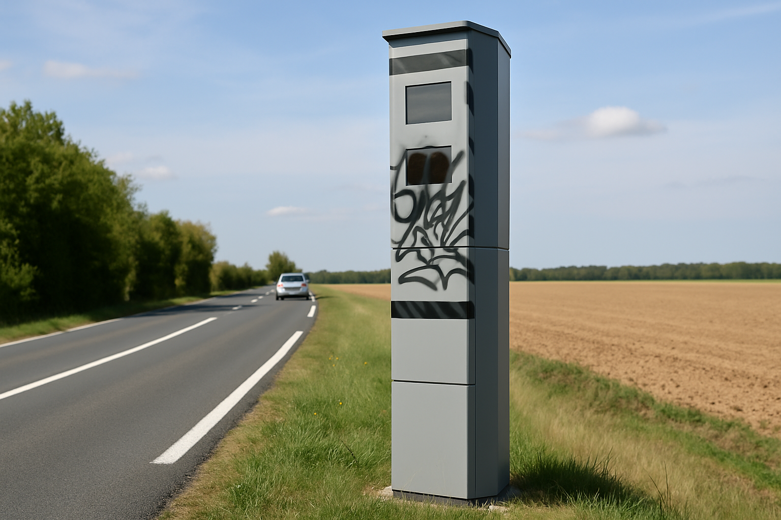 Radar tourelle vandalisé sur mât sur la D347 entre Mirebeau et Loudun, inopérant suite à des actes de vandalisme.