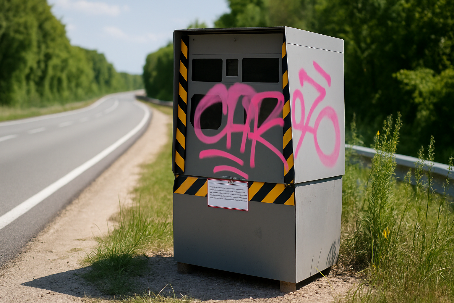 Radar de chantier sur remorque, recouvert de peinture, installé sur la RD 1504 à Virignin pour sécuriser la route.