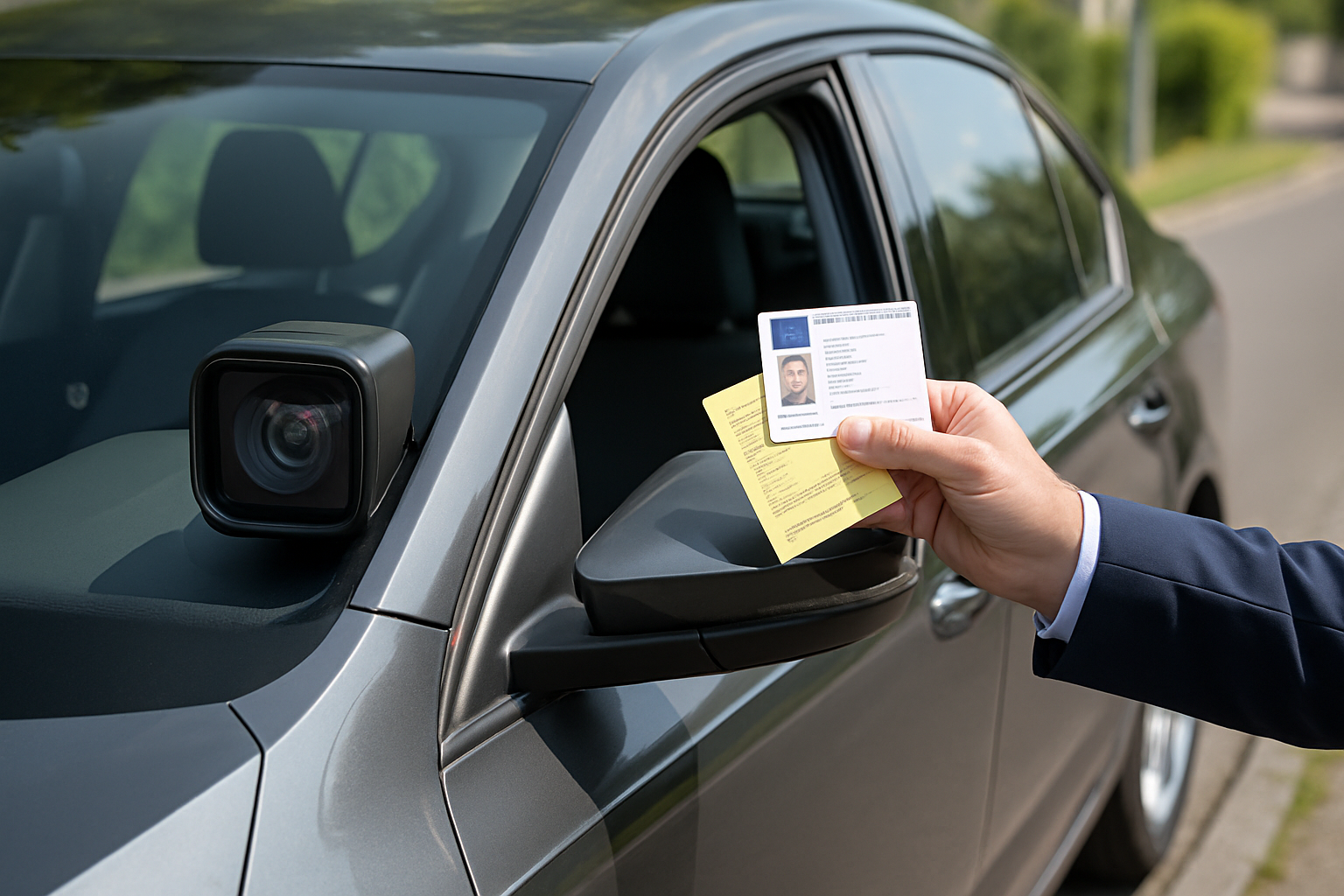 Voiture banalisée avec radar automatique sur route, surveillant la vitesse des véhicules pour détecter les infractions.