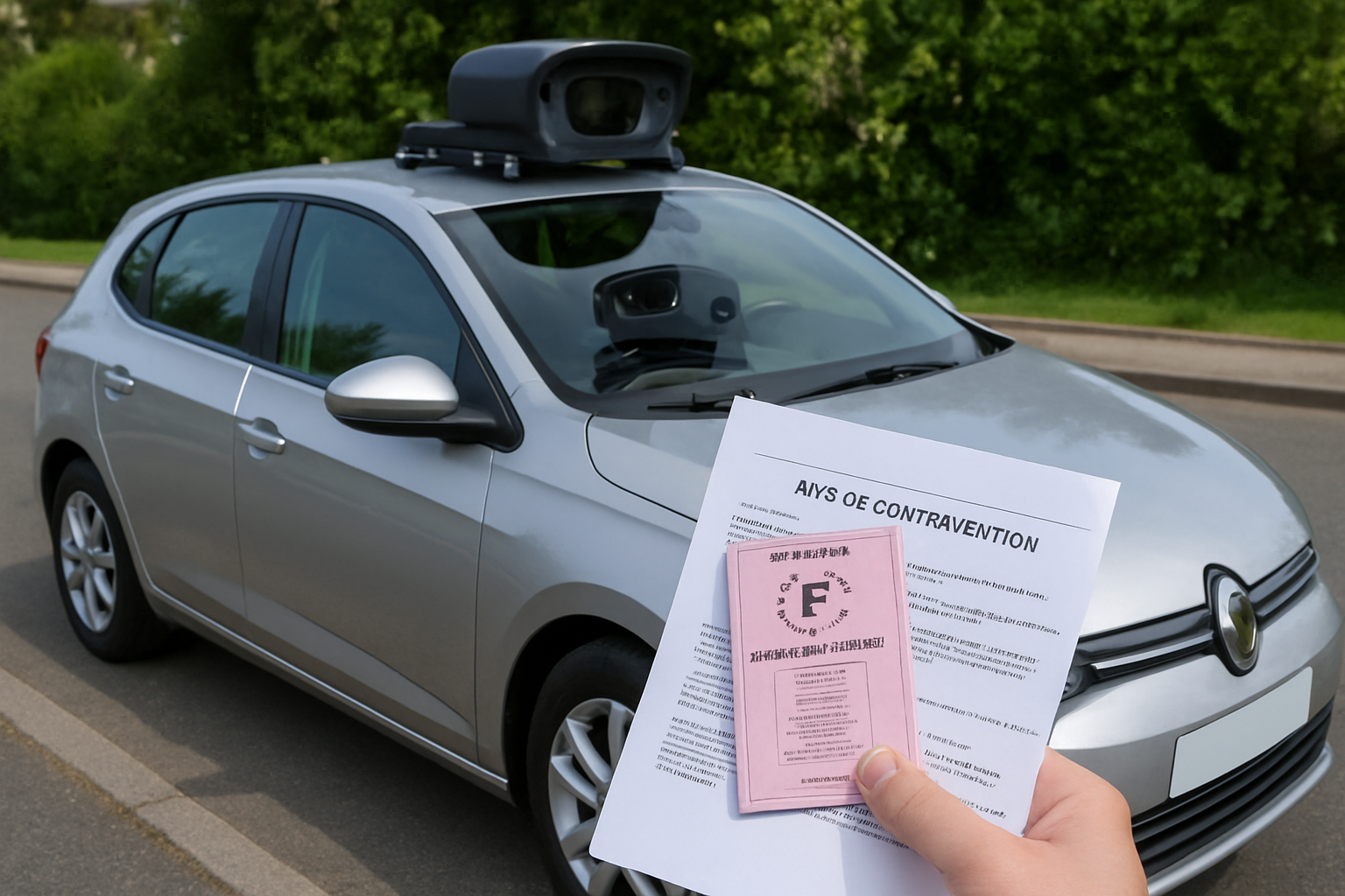 Voiture banalisée avec radar embarqué, surveillant la vitesse des conducteurs sur la route, symbolisant le contrôle routier.
