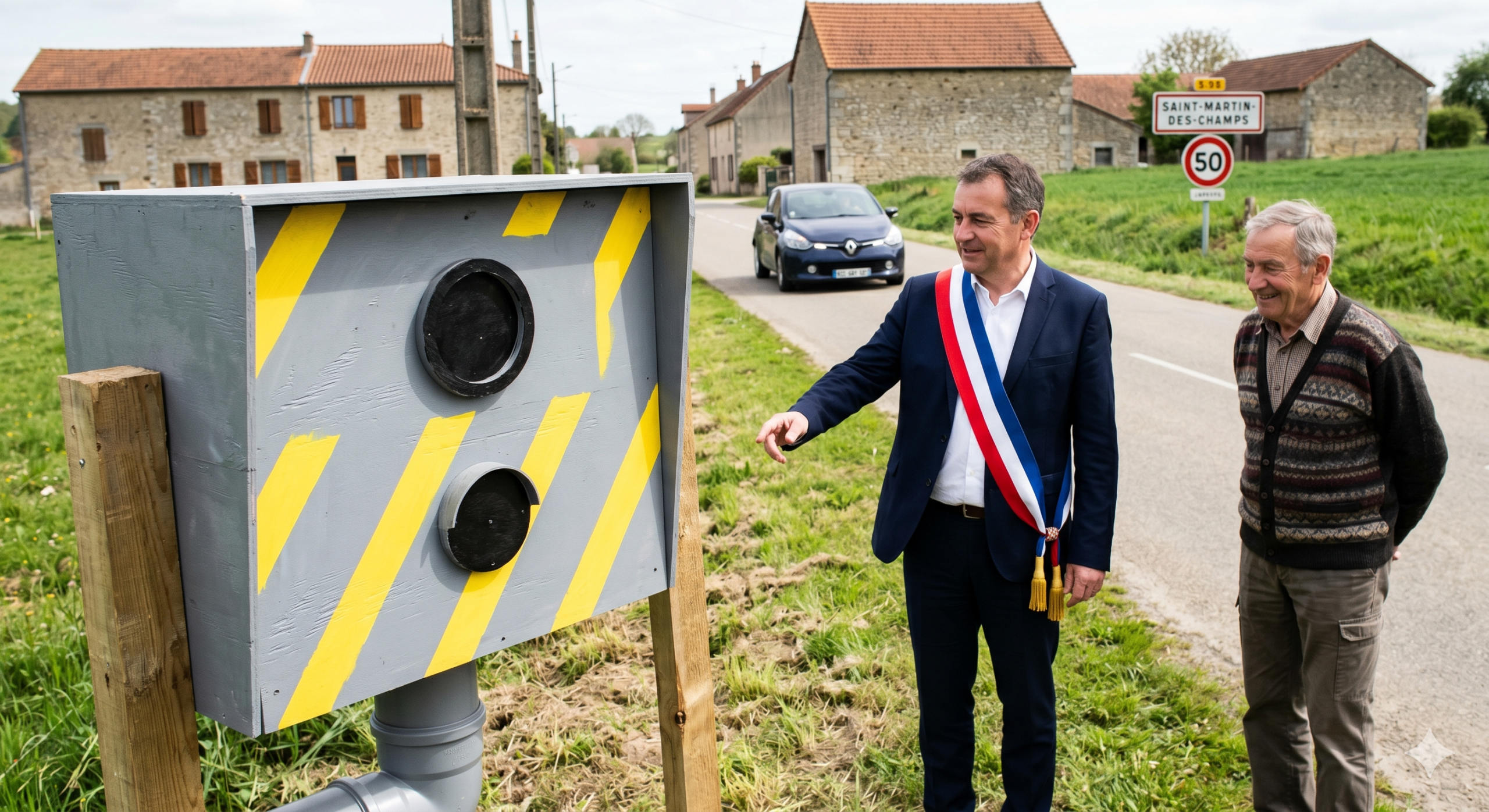 la France, le radar autonome factice installé par les municipalités, le faux radar de chantier en bois, le maire de la commune, la prévention de la sécurité routière, le ralentissement de la circulation automobile, l'absence de la contravention, le domaine public de la voirie, la cabine de la dissuasion, le retrait des points sur le permis de conduire, l'initiative du riverain, le panneau de la limitation de la vitesse, le respect du code de la route.