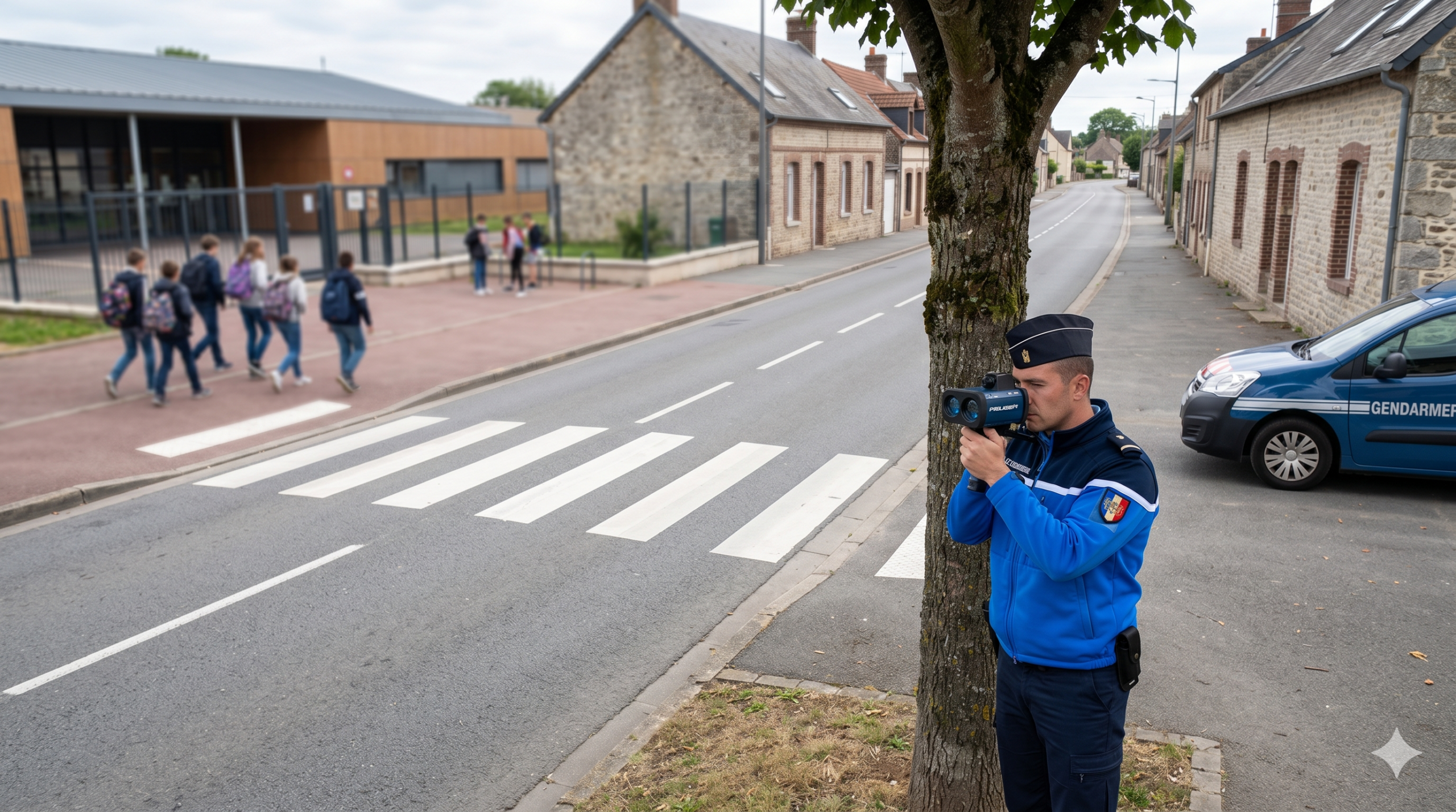 le radar à la jumelle pour contrôler la vitesse aux abords du collège à Crécy-en-Ponthieu, la sécurité routière pour les enfants, la brigade de la gendarmerie nationale, l'amende pour l'excès de la vitesse en agglomération, la zone à trente kilomètres par heure, l'interception du véhicule par les forces de l'ordre, la protection des piétons sur le passage clouté, le retrait des points sur le permis de conduire, le cinémomètre laser de poing, le contrôle de la circulation automobile, la prévention des accidents de la route près de l'école.