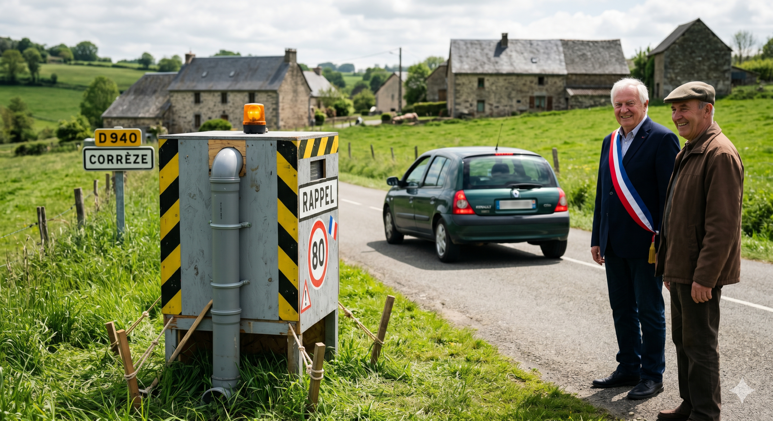 la Corrèze le radar factice installé par la mairie, la légalité en question du faux dispositif, le département de la Corrèze en Nouvelle-Aquitaine, l'appareil en bois pour ralentir la circulation, le pouvoir de police du maire de la commune, l'absence de la contravention pour l'automobiliste, la prévention de la sécurité routière dans le village, le risque de l'accident de la route, la responsabilité civile de la collectivité territoriale, le domaine public de la voirie, le retrait des points sur le permis de conduire, l'imitation de la cabine de chantier.