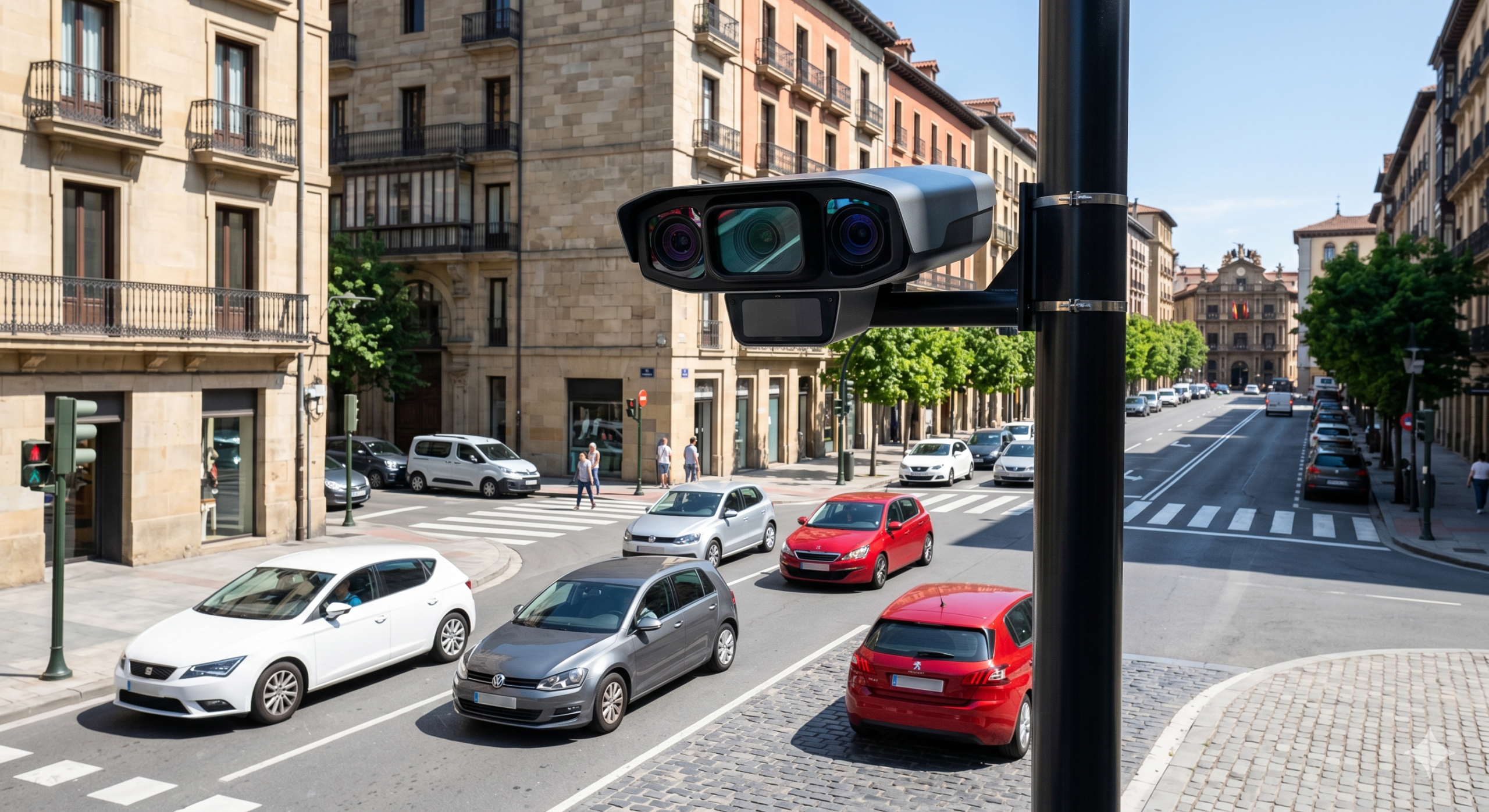 le radar 8 en 1 à intelligence artificielle à Pamplone, le dispositif de la nouvelle génération installé en ville, le contrôle des huit infractions simultanées sur la route, la caméra couleur de la haute résolution pour la vitesse, l'amende pour l'usage du téléphone portable au volant, le retrait des points sur le permis de conduire du conducteur, la sécurité routière et la prévention des accidents de la circulation, la détection automatique du non-port de la ceinture, la technologie de l'IA pour la police municipale, la contravention routière de l'ANTAI, l'innovation de la surveillance urbaine en Espagne.