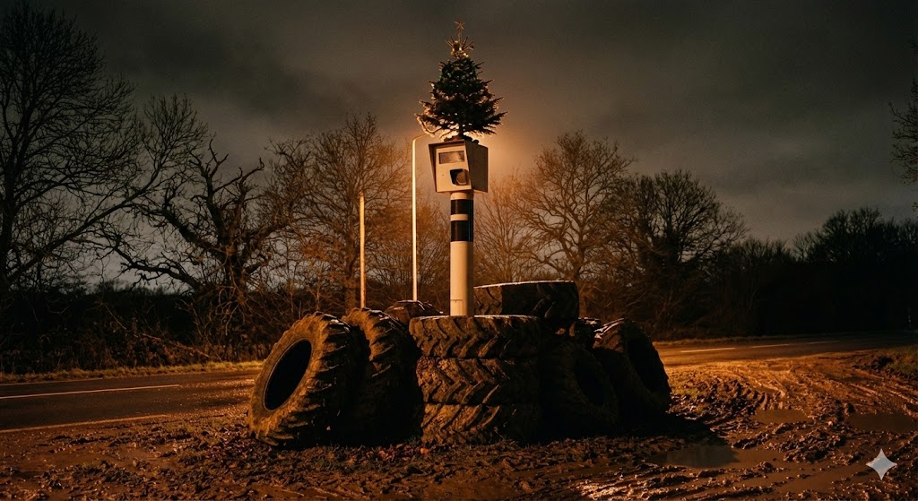 radar jaulzy sapin, radar rn31 pneus tracteur, colère agriculteurs oise, radar tourelle décoré, insolite radar noël, gendarmerie compiègne, manifestation agricole jaulzy, radar masqué oise, sécurité routière rn31, photo radar pneus.
