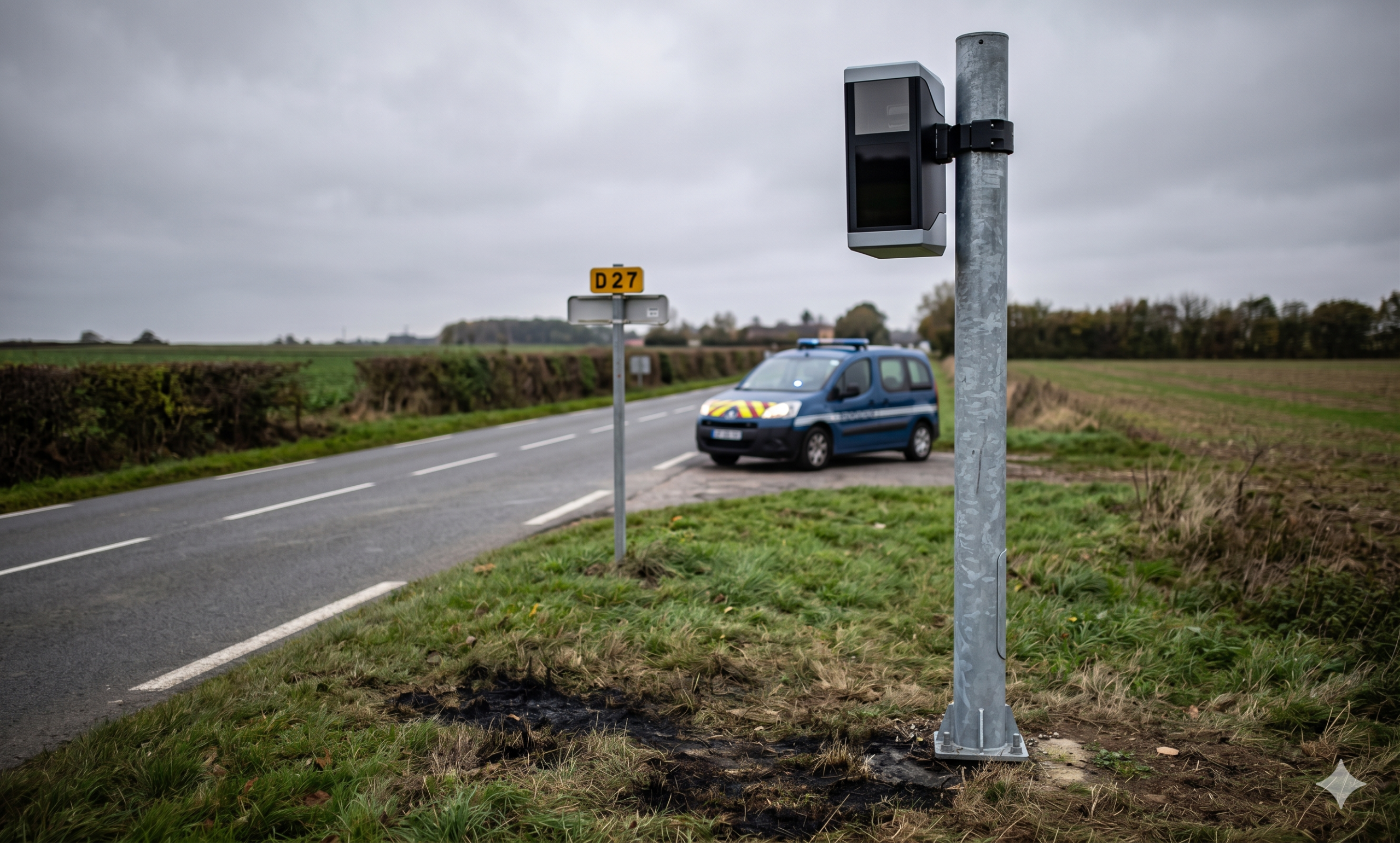 le radar remplacé à Varaville après l'incendie sur la route D27, la sécurité routière dans le département du Calvados, le nouveau radar tourelle sur le mât, l'amende pour la destruction du bien de l'état, la gendarmerie nationale et l'enquête pénale pour le feu, le remplacement du matériel de la voirie, la prévention des excès de la vitesse en Normandie, le retrait des points sur le permis de conduire, la condamnation pour le vandalisme devant le tribunal, le contrôle automatique de la circulation, la cabine détruite par les flammes.
