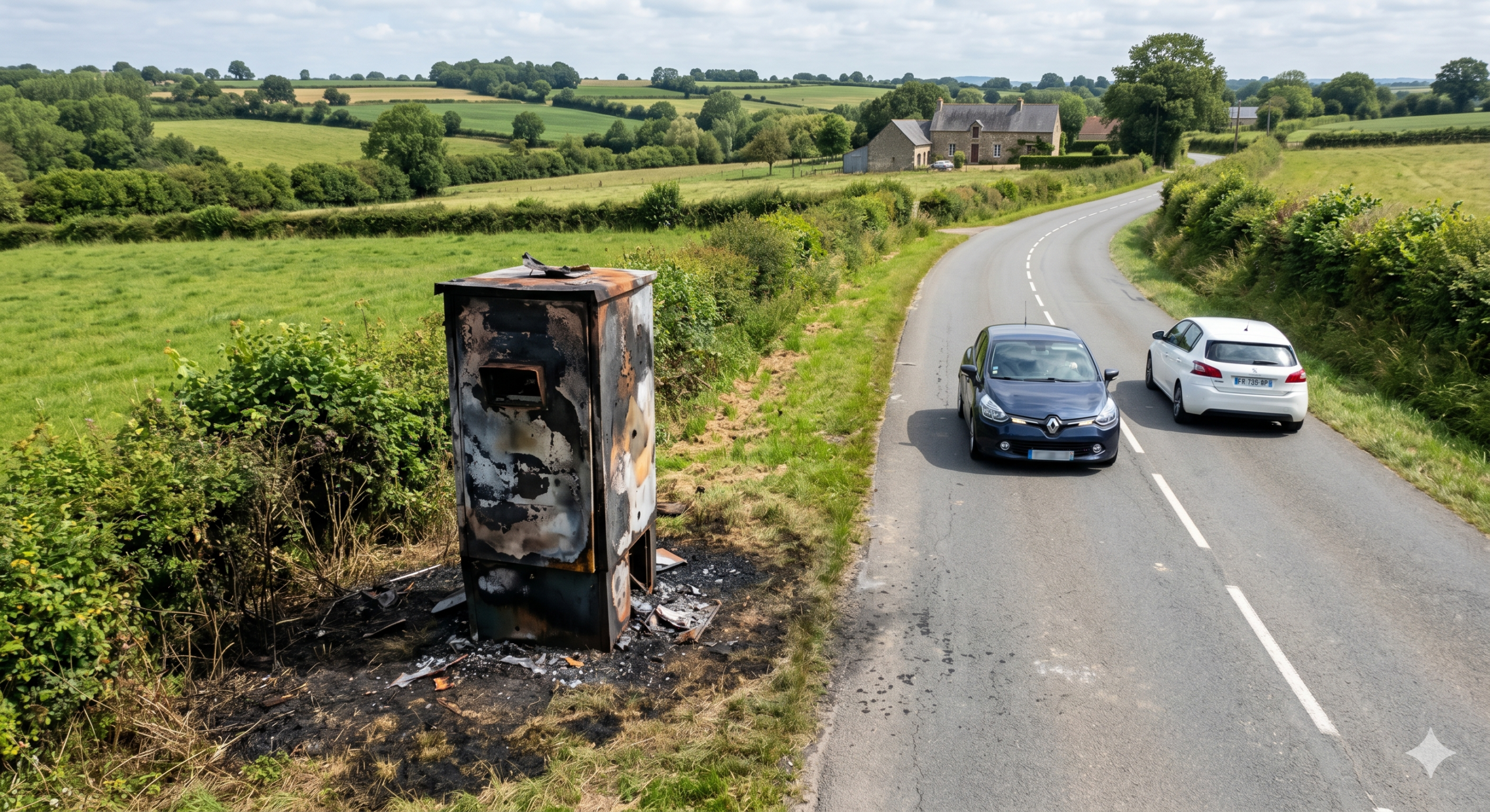le radar vandalisé par le feu à Mesnil-Clinchamps, l'appareil automatique hors service sur la route de Saint-Sever, la destruction du matériel de la sécurité routière dans le Calvados, l'amende pour l'excès de la vitesse en Normandie, le retrait des points sur le permis de conduire du conducteur, l'enquête de la gendarmerie nationale pour l'incendie, la prévention des accidents de la circulation routière, le coût du remplacement de la cabine de la voirie, la contravention électronique de l'ANTAI, la carcasse calcinée sur le bord de la chaussée.