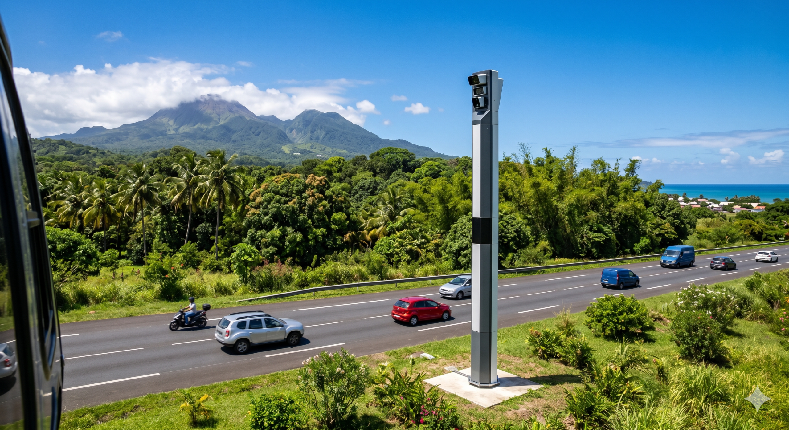 le radar tourelle dans le Sud Basse-Terre, la sécurité routière sur la route nationale 1, le contrôle de la vitesse en Guadeloupe, le mât de la cabine automatique, l'amende pour le conducteur de la voiture, le retrait des points sur le permis de conduire, le flash infrarouge du dispositif, la prévention des accidents de la circulation, la préfecture de la Basse-Terre, la technologie de la multi-infraction, le respect de la limitation de la vitesse aux Antilles.