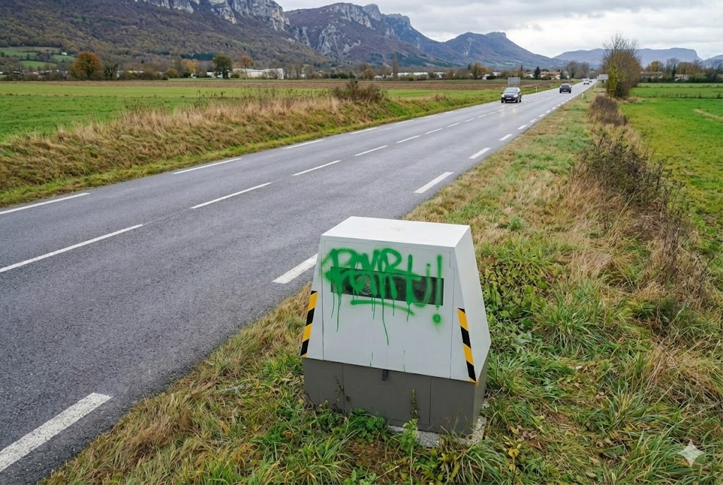 radar de chantier Virignin RD 1504, cabine autonome taguée peinture verte, contrôle vitesse Belley Yenne, vandalisme radar Ain, limitation 80 km/h, gendarmerie nationale, sécurité routière Bugey.