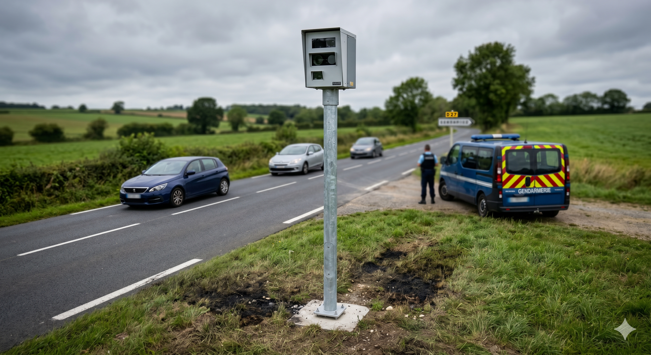 le radar remplacé à Varaville après l'incendie sur la route D27, la sécurité routière dans le département du Calvados, le nouveau radar tourelle sur le mât, l'amende pour la destruction du bien de l'état, la gendarmerie nationale et l'enquête pénale pour le feu, le remplacement du matériel de la voirie, la prévention des excès de la vitesse en Normandie, le retrait des points sur le permis de conduire, la condamnation pour le vandalisme devant le tribunal, le contrôle automatique de la circulation, la cabine détruite par les flammes.