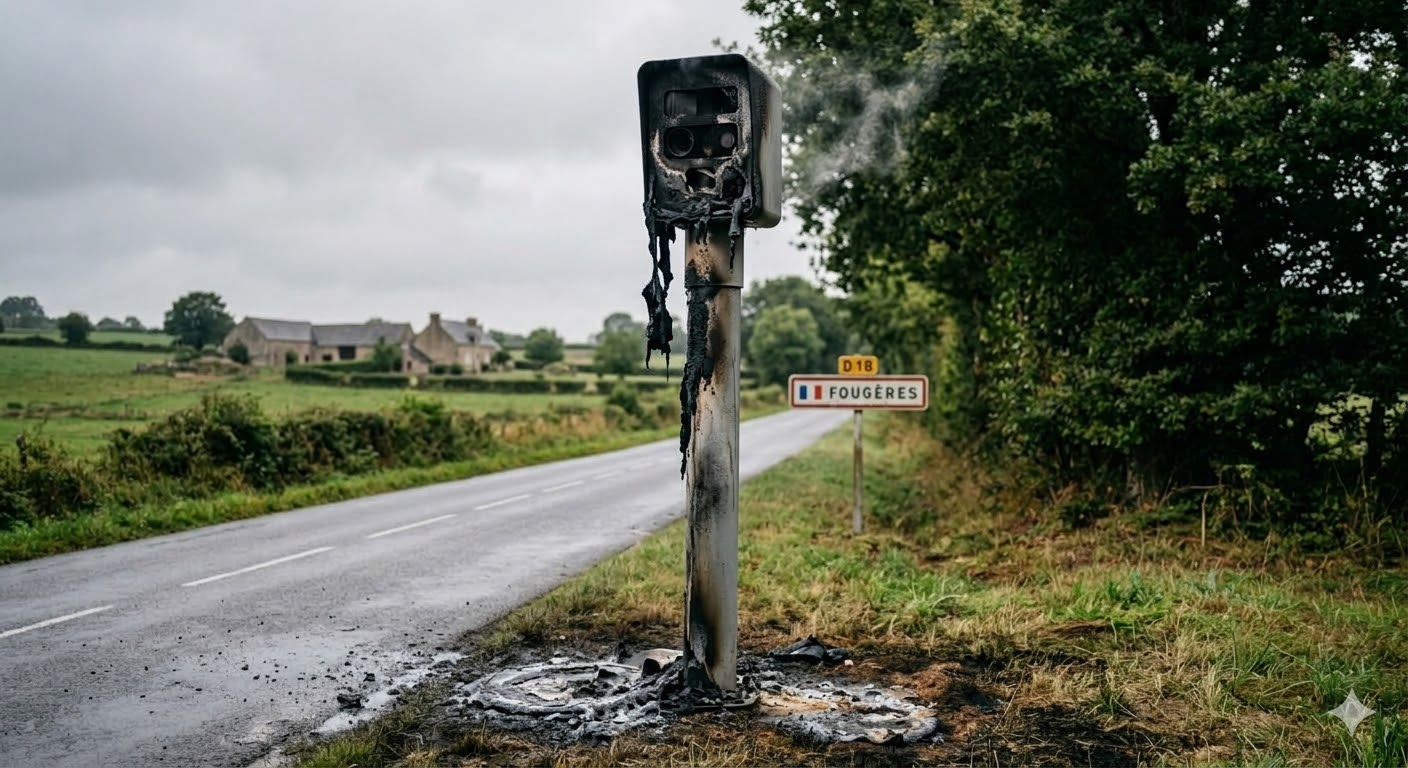 pays de fougères, radar tourelle incendié Fougères, vandalisme radar Ille-et-Vilaine, feu équipement sécurité routière, destruction bien public mât, gendarmerie enquête incendie volontaire, radar calciné Bretagne route, amende destruction matériel public, peine prison vandalisme radar, remplacement radar tourelle brûlé, sécurité routière département 35, infraction destruction par feu, dégradation mobilier urbain breton, enquête criminelle gendarmerie nationale, coût remplacement radar impôts, mât radar incendié nuit, colère conducteurs radar vitesse, amende forfaitaire majorée justice, procédure pénale vandalisme matériel, traces ADN enquête radar, signalement dégradation bien public.