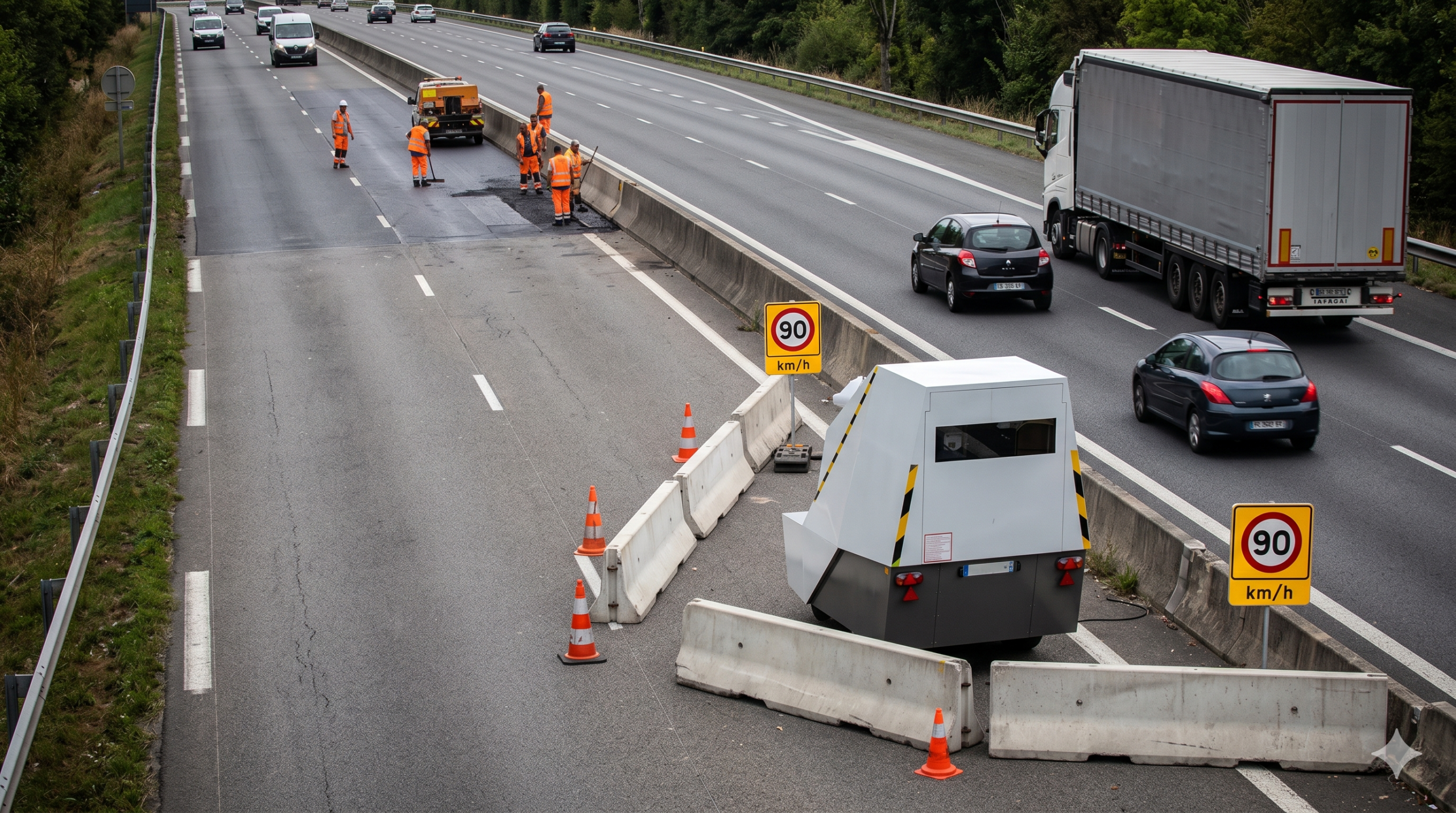 Yvelines le radar autonome installé sur l'A13 durant les travaux à Chapet, le radar de chantier sur l'autoroute, la sécurité routière pour les ouvriers de la voirie, la réduction de la vitesse maximale, le retrait des points sur le permis de conduire, l'amende de la quatrième classe, le contrôle automatisé du trafic routier, la préfecture des Yvelines, le franchissement de la limitation de la vitesse, le balayage laser du dispositif, le corridor de la sécurité pour le patrouilleur, l'agence nationale du traitement automatisé des infractions, la contestation de la contravention de l'entreprise.