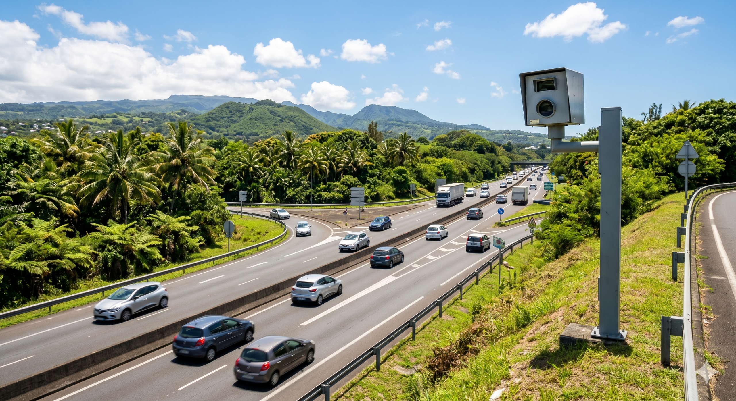 Saint-André le radar automatique installé à l'échangeur de Petit-Bazar, la sécurité routière sur l'île de La Réunion, la vitesse sur la route nationale RN2, l'amende pour l'excès de la vitesse, le retrait des points sur le permis de conduire, la préfecture de La Réunion, la bretelle d'accès de l'autoroute, le contrôle du trafic routier, la marge de l'erreur du cinémomètre, la contestation de la contravention avec l'antai, le flash du radar fixe, la prévention des accidents de la circulation.