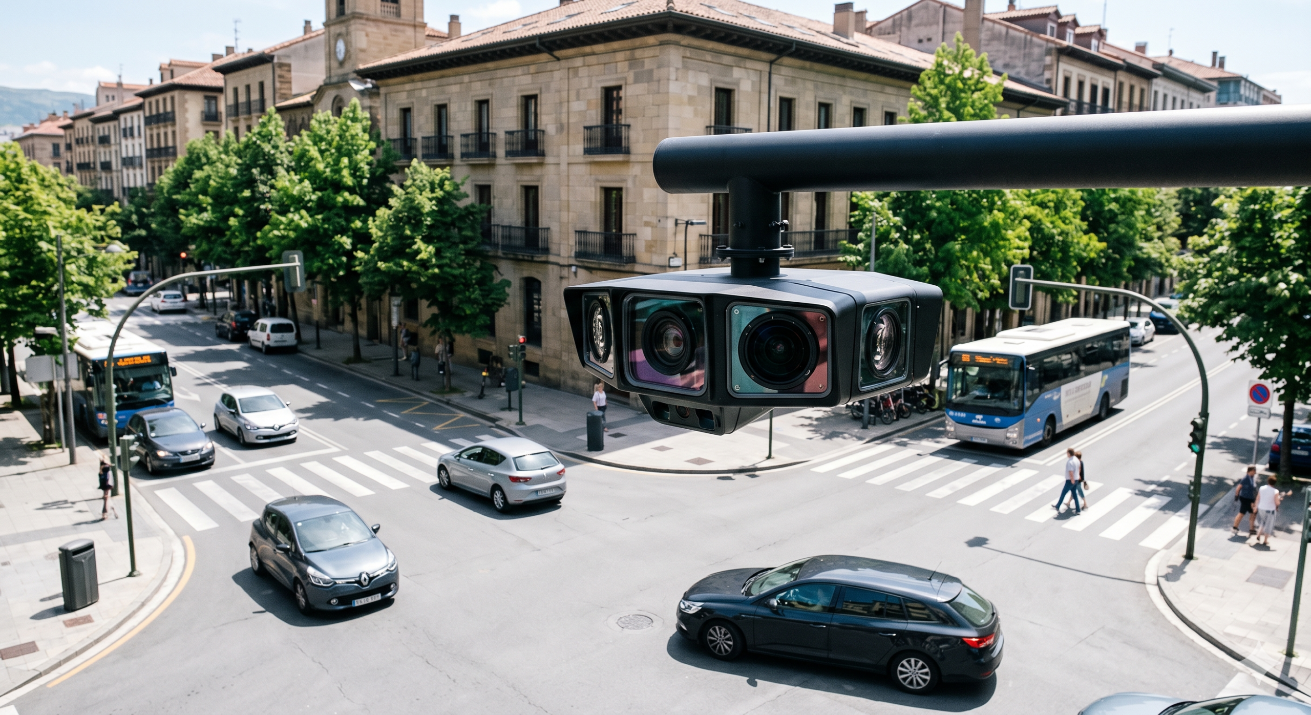 le radar 8 en 1 à intelligence artificielle à Pamplone, le dispositif de la nouvelle génération installé en ville, le contrôle des huit infractions simultanées sur la route, la caméra couleur de la haute résolution pour la vitesse, l'amende pour l'usage du téléphone portable au volant, le retrait des points sur le permis de conduire du conducteur, la sécurité routière et la prévention des accidents de la circulation, la détection automatique du non-port de la ceinture, la technologie de l'IA pour la police municipale, la contravention routière de l'ANTAI, l'innovation de la surveillance urbaine en Espagne.
