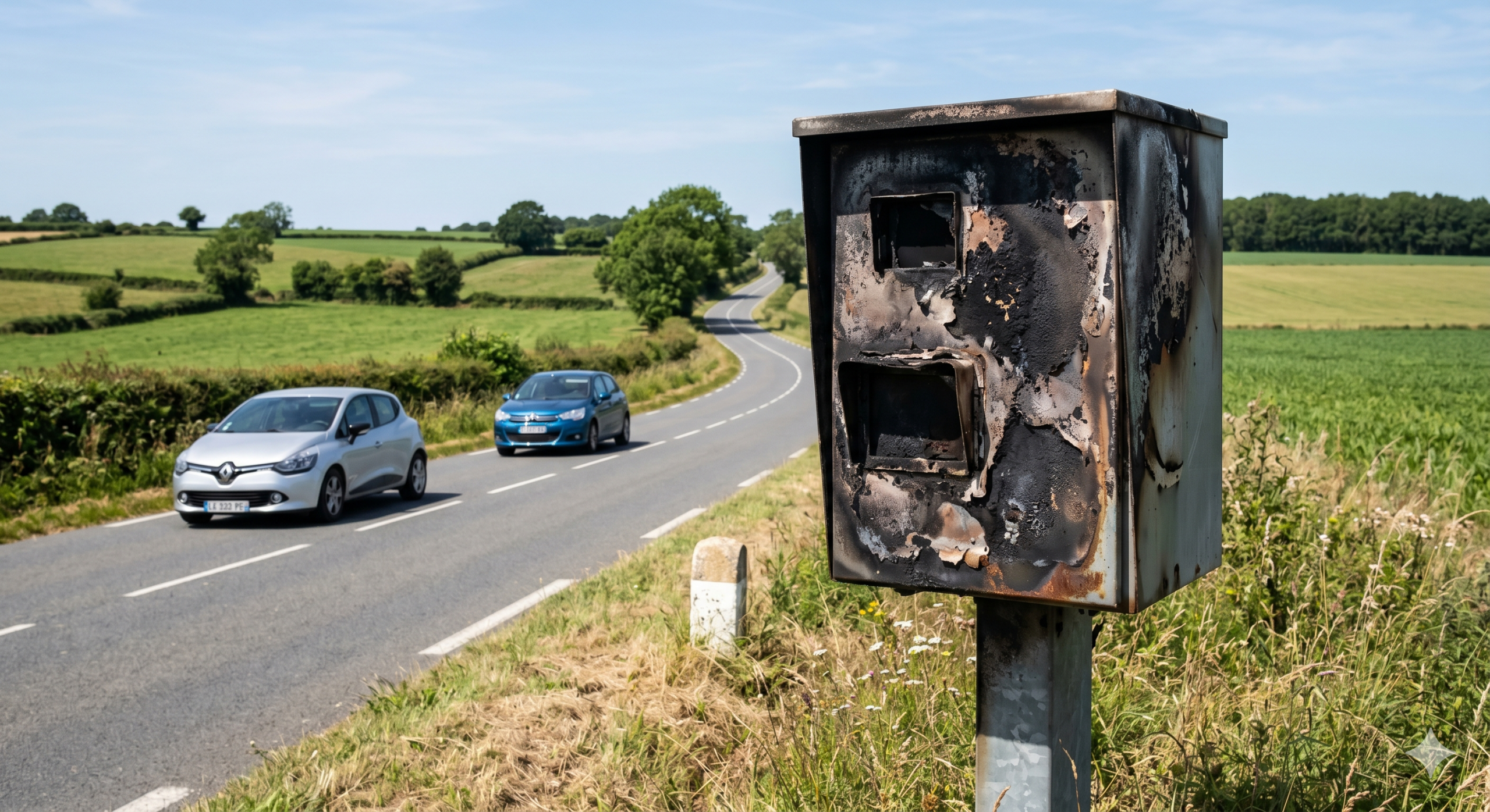 le radar vandalisé par le feu à Mesnil-Clinchamps, l'appareil automatique hors service sur la route de Saint-Sever, la destruction du matériel de la sécurité routière dans le Calvados, l'amende pour l'excès de la vitesse en Normandie, le retrait des points sur le permis de conduire du conducteur, l'enquête de la gendarmerie nationale pour l'incendie, la prévention des accidents de la circulation routière, le coût du remplacement de la cabine de la voirie, la contravention électronique de l'ANTAI, la carcasse calcinée sur le bord de la chaussée.