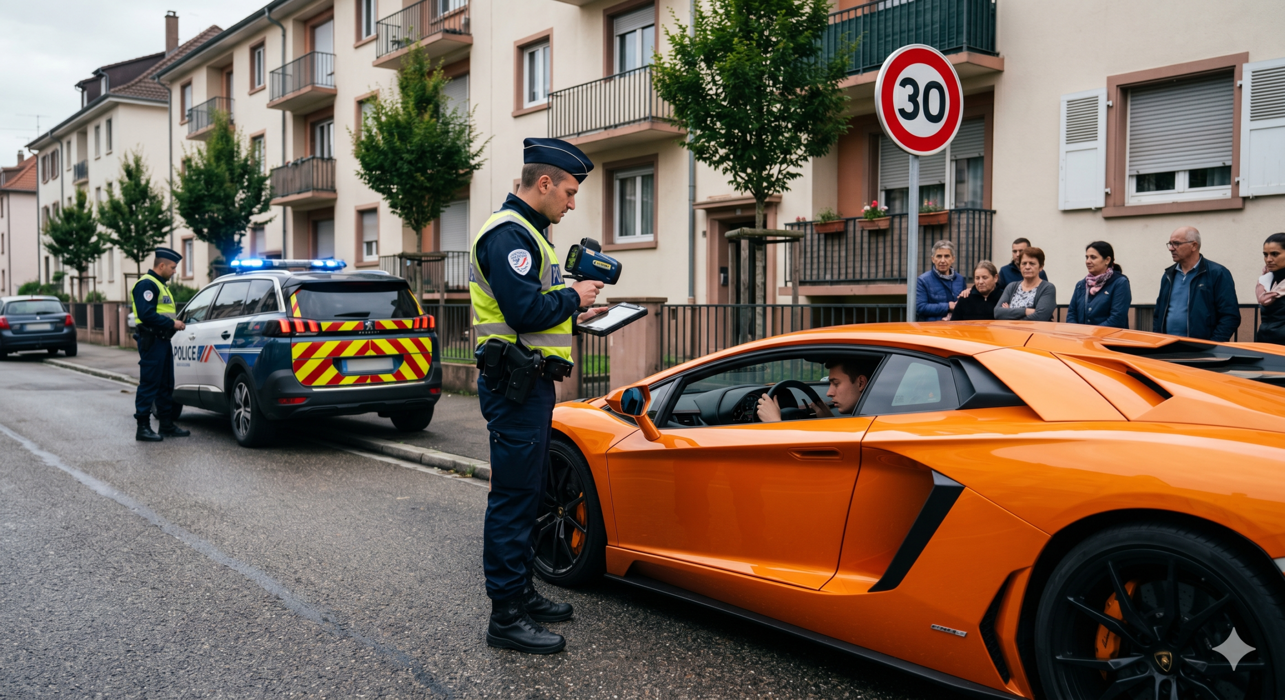 radar contrôle vitesse, excès vitesse ferrari zone 30, grand excès vitesse agglomération, retrait permis conduire, confiscation véhicule police, mise en fourrière immédiate, tribunal de police sanction, amende 5ème classe, suspension permis 3 ans, sécurité routière piétons, infraction code route, avocat droit routier permis, danger zone urbaine, prévention routière, perte 6 points permis, délinquance routière.