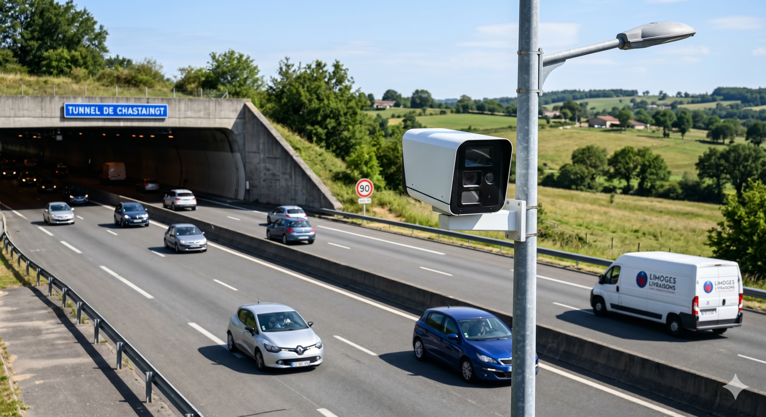 le radar urbain de la nouvelle génération à Limoges, le contrôle de la vitesse sur l'autoroute A20, le dispositif automatique après le tunnel de Chastaingt, l'amende pour l'excès de la vitesse dans la Haute-Vienne, la prévention des accidents de la circulation routière, le retrait des points sur le permis de conduire du conducteur, la cabine de la répression automatisée de la voirie, la limitation de la vitesse pour la voiture, la signalisation des travaux sur le réseau routier, la contravention électronique de l'ANTAI.