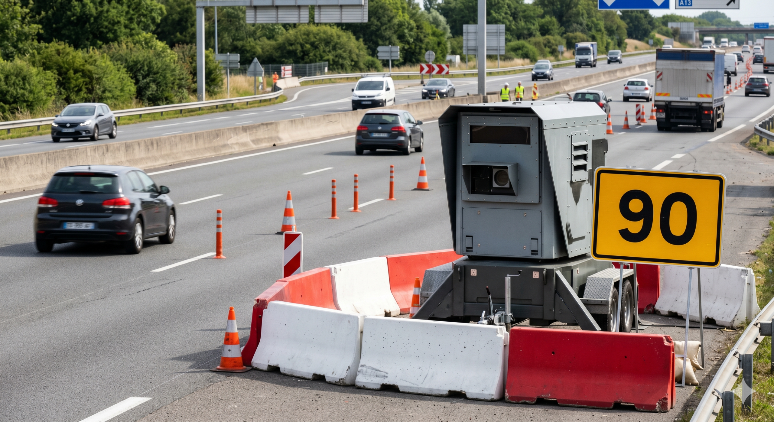 Les Mureaux le radar de chantier installé sur l'autoroute A13, le flash pour la vitesse de 90 km/h, la sécurité routière pour les travaux publics, l'amende pour l'excès de la vitesse hors agglomération, le retrait des points sur le permis de conduire, le contrôle de la circulation automobile, le dispositif autonome déplaçable, la protection des agents de la route, la contravention de la troisième classe, l'agence nationale de traitement automatisé des infractions, la désignation du conducteur pour la voiture de l'entreprise, le balayage laser de la machine.
