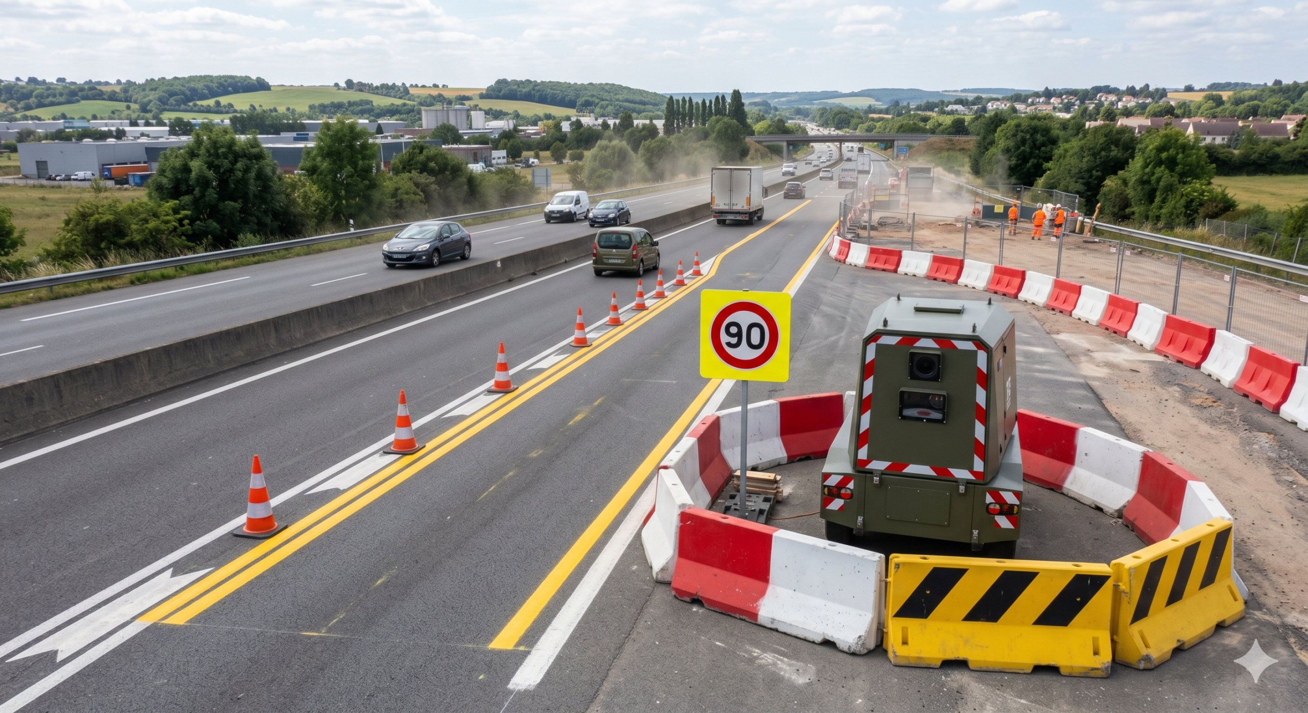 Les Mureaux le radar de chantier installé sur l'autoroute A13, le flash pour la vitesse de 90 km/h, la sécurité routière pour les travaux publics, l'amende pour l'excès de la vitesse hors agglomération, le retrait des points sur le permis de conduire, le contrôle de la circulation automobile, le dispositif autonome déplaçable, la protection des agents de la route, la contravention de la troisième classe, l'agence nationale de traitement automatisé des infractions, la désignation du conducteur pour la voiture de l'entreprise, le balayage laser de la machine.