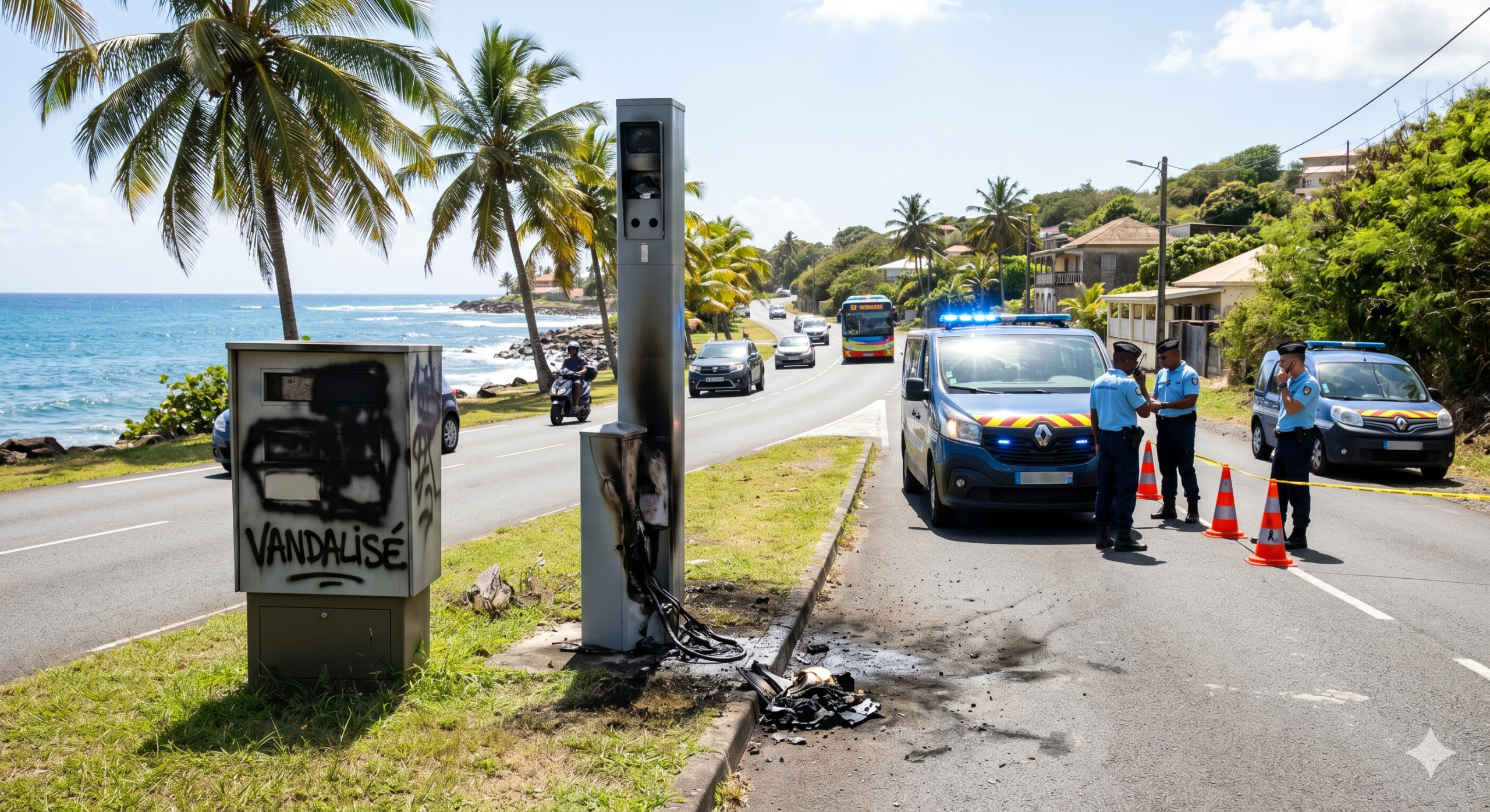 les radars automatiques brûlés en Guadeloupe, la destruction du matériel après les nouvelles installations, le vandalisme de la sécurité routière sur l'archipel, l'amende pour la dégradation du bien public de l'état, l'enquête de la gendarmerie nationale pour l'incendie, le remplacement de la cabine par un radar tourelle, le retrait des points sur le permis de conduire, la prévention des excès de la vitesse, le coût de la réparation de la voirie pour le contribuable, la tension autour du contrôle routier aux Antilles.