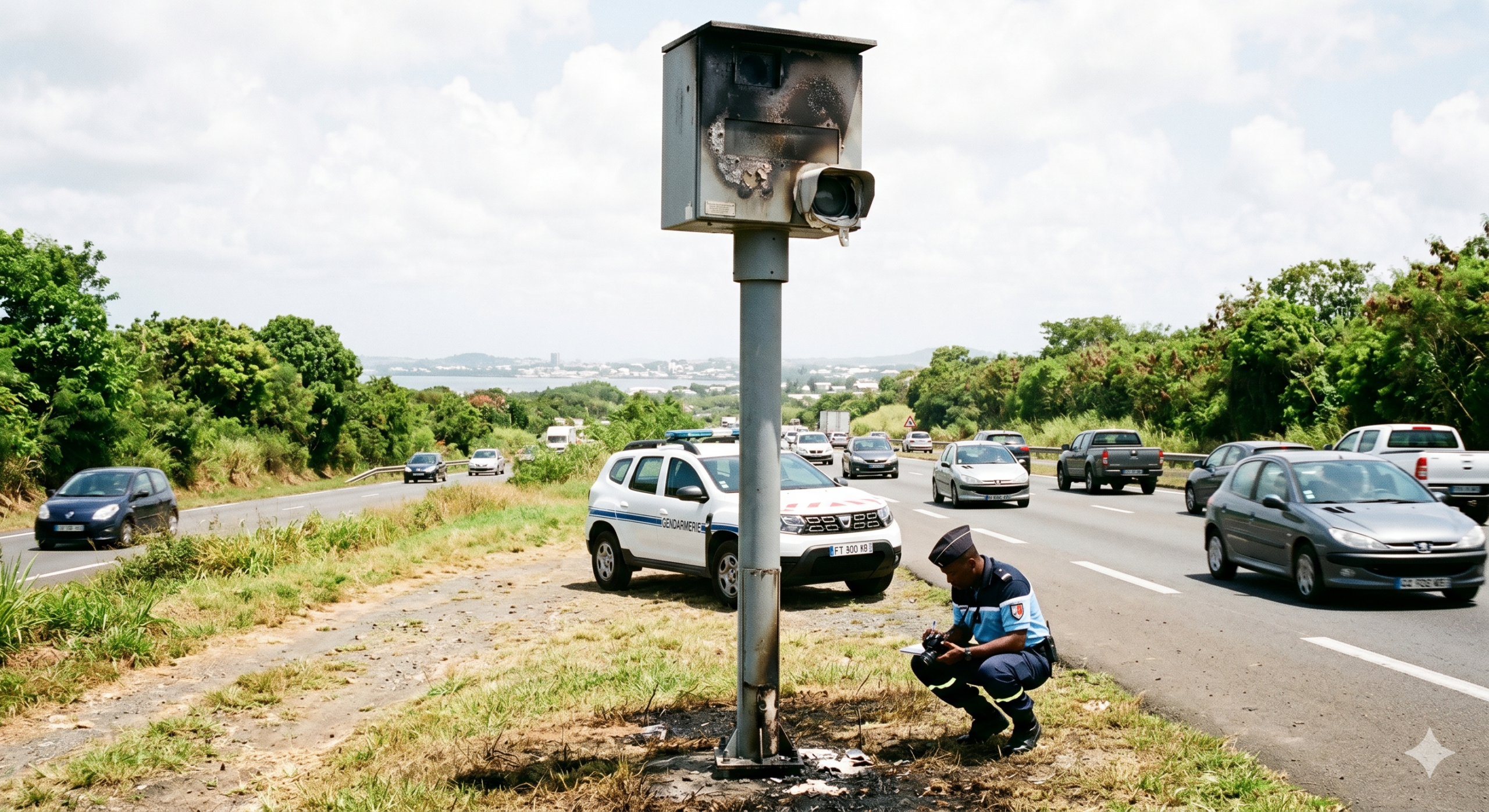 le radar tourelle incendié à Petit-Bourg, la destruction par le feu sur la route nationale 1, la direction de Pointe-à-Pitre en Guadeloupe, le vandalisme du matériel de la sécurité routière, l'amende pour la destruction du bien de l'état, l'enquête de la gendarmerie nationale, la prévention des accidents de la circulation, le remplacement de la cabine automatique, le retrait des points sur le permis de conduire, la répression pour l'excès de la vitesse, le mât noirci par les flammes de l'incendie.