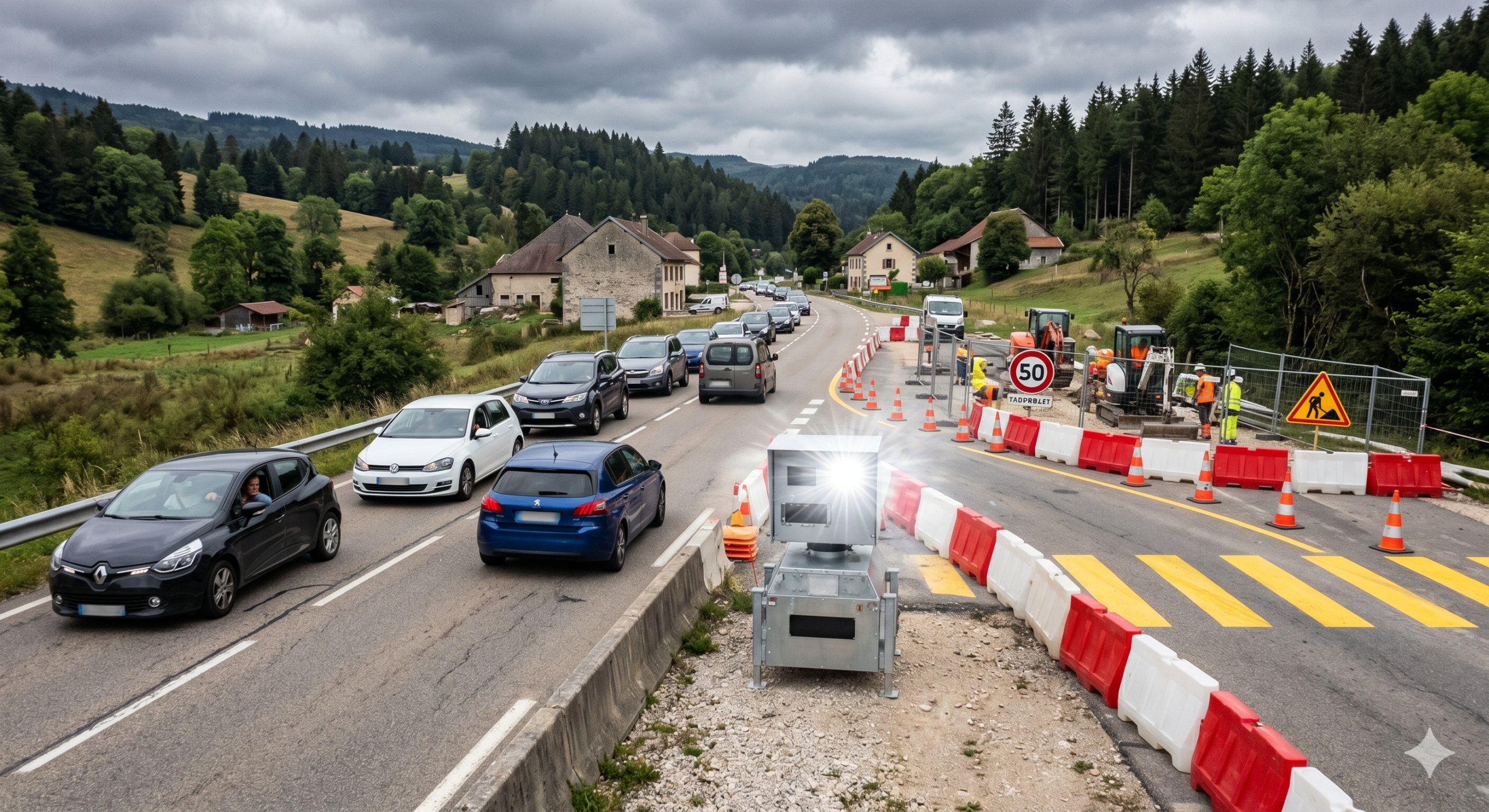 le radar de chantier en dysfonctionnement à La Cluse-et-Mijoux, les flashs intempestifs sur la route nationale RN57, le bug de la machine automatique dans le Doubs, la contestation de l'amende pour l'excès de la vitesse, le retrait des points sur le permis de conduire du conducteur, la sécurité routière et les travaux de la voirie, la panne du cinémomètre autonome laser, la préfecture de Besançon pour le recours, le trafic routier des frontaliers vers la Suisse, la contravention injuste de l'ANTAI.
