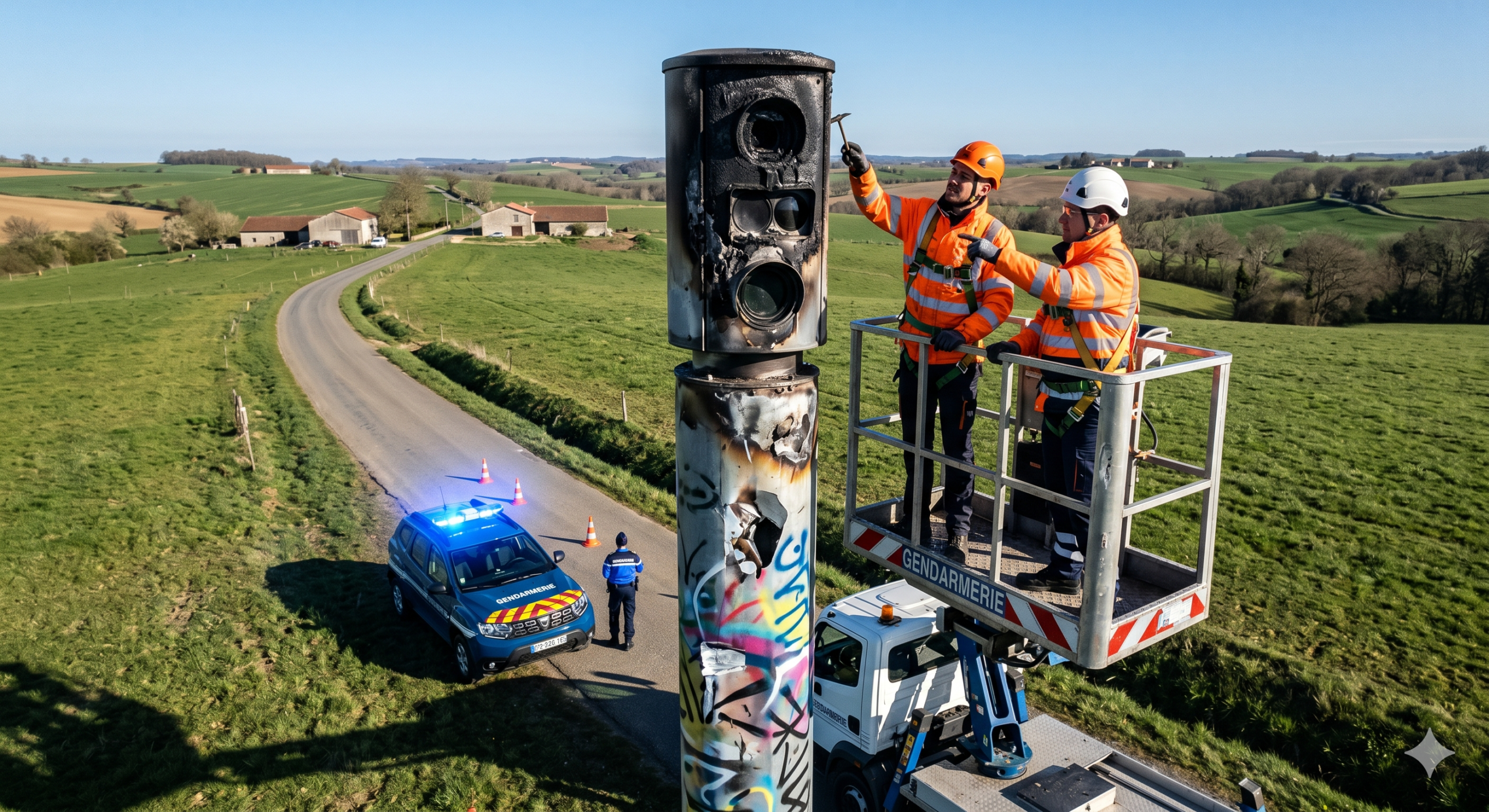 le radar tourelle vandalisé quatre fois en une semaine, la destruction du matériel de la sécurité routière, les dégâts de soixante mille euros pour l'état, l'amende pour la dégradation du bien public de la voirie, l'enquête de la gendarmerie nationale pour le vandalisme, le retrait des points sur le permis de conduire, la réparation de la cabine automatique de la vitesse, la prévention des accidents de la route pour les conducteurs locaux, la contravention pour l'excès de la vitesse, le coût de la criminalité routière pour le contribuable.
