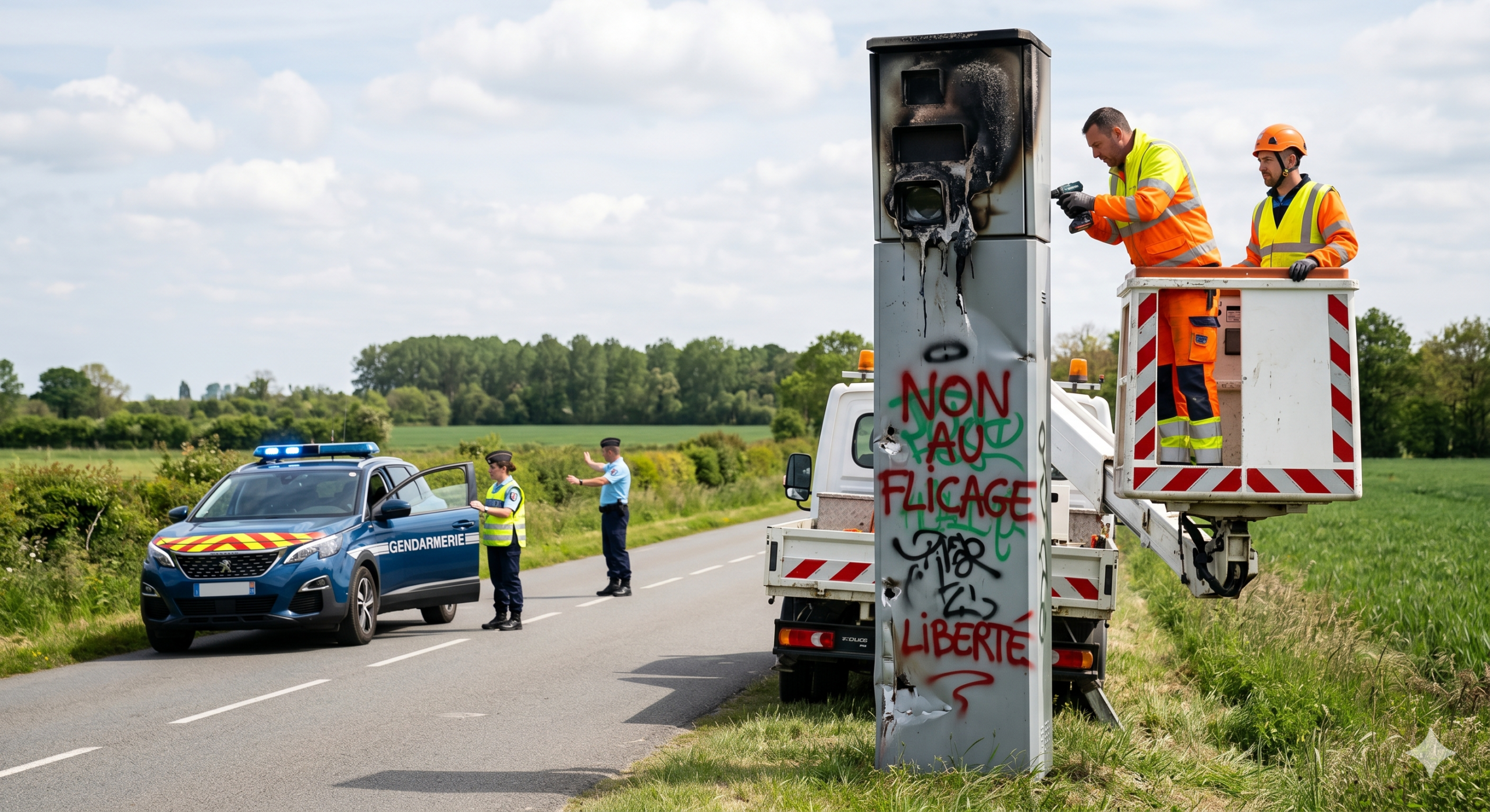le radar tourelle vandalisé quatre fois en une semaine, la destruction du matériel de la sécurité routière, les dégâts de soixante mille euros pour l'état, l'amende pour la dégradation du bien public de la voirie, l'enquête de la gendarmerie nationale pour le vandalisme, le retrait des points sur le permis de conduire, la réparation de la cabine automatique de la vitesse, la prévention des accidents de la route pour les conducteurs locaux, la contravention pour l'excès de la vitesse, le coût de la criminalité routière pour le contribuable.