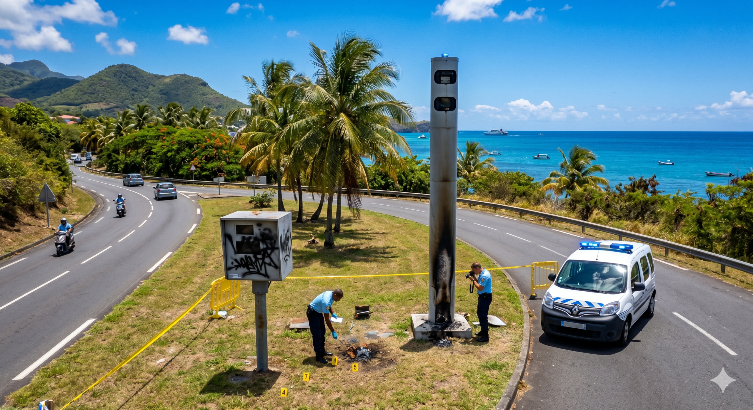 les radars automatiques brûlés en Guadeloupe, la destruction du matériel après les nouvelles installations, le vandalisme de la sécurité routière sur l'archipel, l'amende pour la dégradation du bien public de l'état, l'enquête de la gendarmerie nationale pour l'incendie, le remplacement de la cabine par un radar tourelle, le retrait des points sur le permis de conduire, la prévention des excès de la vitesse, le coût de la réparation de la voirie pour le contribuable, la tension autour du contrôle routier aux Antilles.