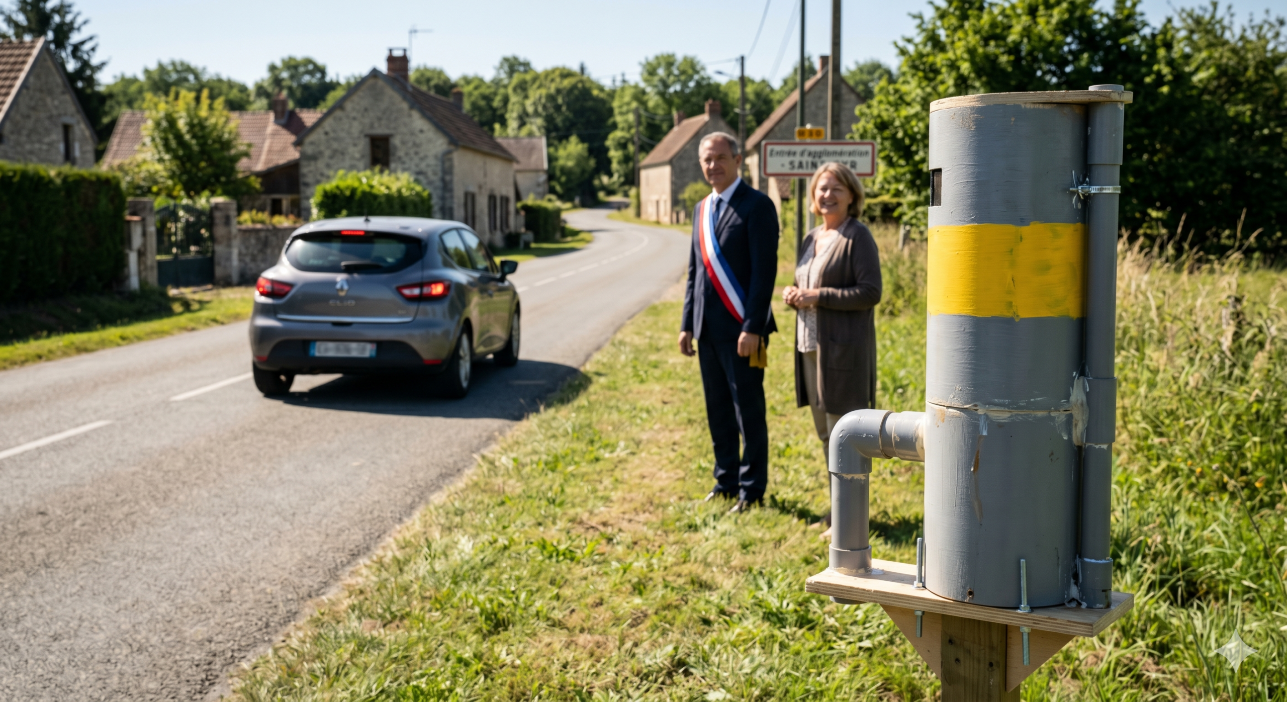 la France, le radar autonome factice installé par les municipalités, le faux radar de chantier en bois, le maire de la commune, la prévention de la sécurité routière, le ralentissement de la circulation automobile, l'absence de la contravention, le domaine public de la voirie, la cabine de la dissuasion, le retrait des points sur le permis de conduire, l'initiative du riverain, le panneau de la limitation de la vitesse, le respect du code de la route.