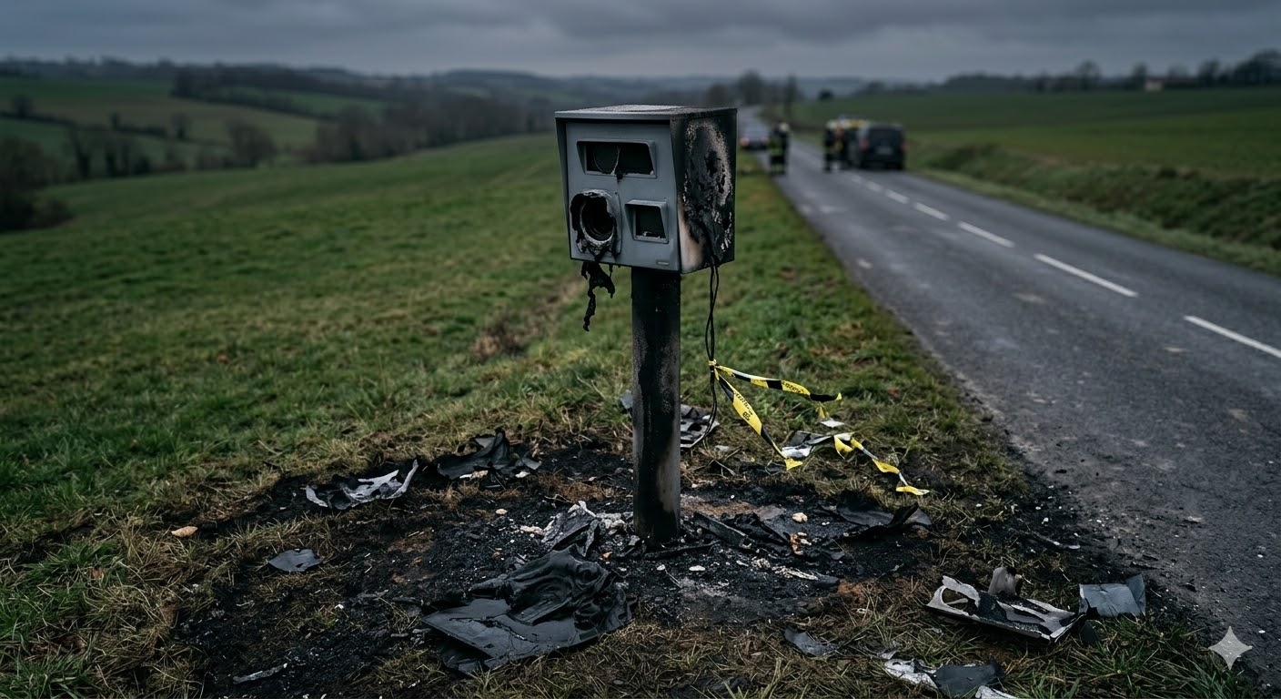 radar automatique Molac incendié, vandalisme RD5 Morbihan Bretagne, feu équipement sécurité routière, destruction bien public état, gendarmerie enquête incendie volontaire, radar calciné Molac route, amende destruction matériel public, peine prison vandalisme radar, remplacement radar automatique brûlé, sécurité routière département 56, infraction destruction par feu, dégradation mobilier urbain breton, enquête criminelle gendarmerie nationale, coût remplacement radar impôts, protection zone accidentogène RD5, colère conducteurs radar vitesse, amende forfaitaire majorée justice, procédure pénale vandalisme matériel, traces ADN enquête radar, signalement dégradation bien public.