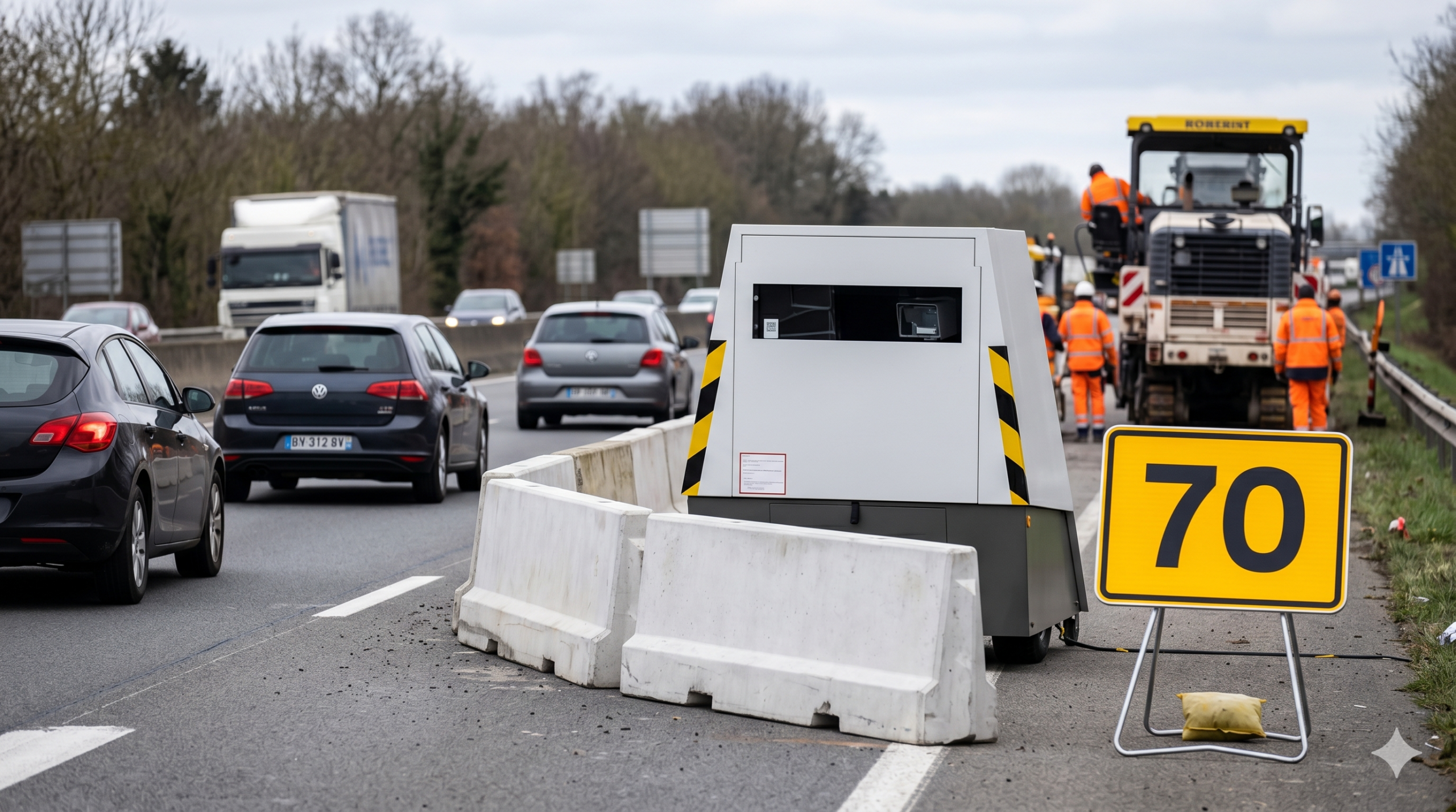 le radar de chantier à Isneauville sur l'autoroute A28, la vitesse limitée à soixante-dix kilomètres par heure, les travaux de la voirie en Normandie, l'amende pour l'excès de la vitesse hors agglomération, le dispositif mobile autonome de la sécurité routière, le retrait des points sur le permis de conduire, la protection des ouvriers sur le réseau routier, la contravention pour le conducteur de la voiture, le balayage laser du cinémomètre, la préfecture de la Seine-Maritime près de Rouen, l'agence nationale de traitement automatisé des infractions.