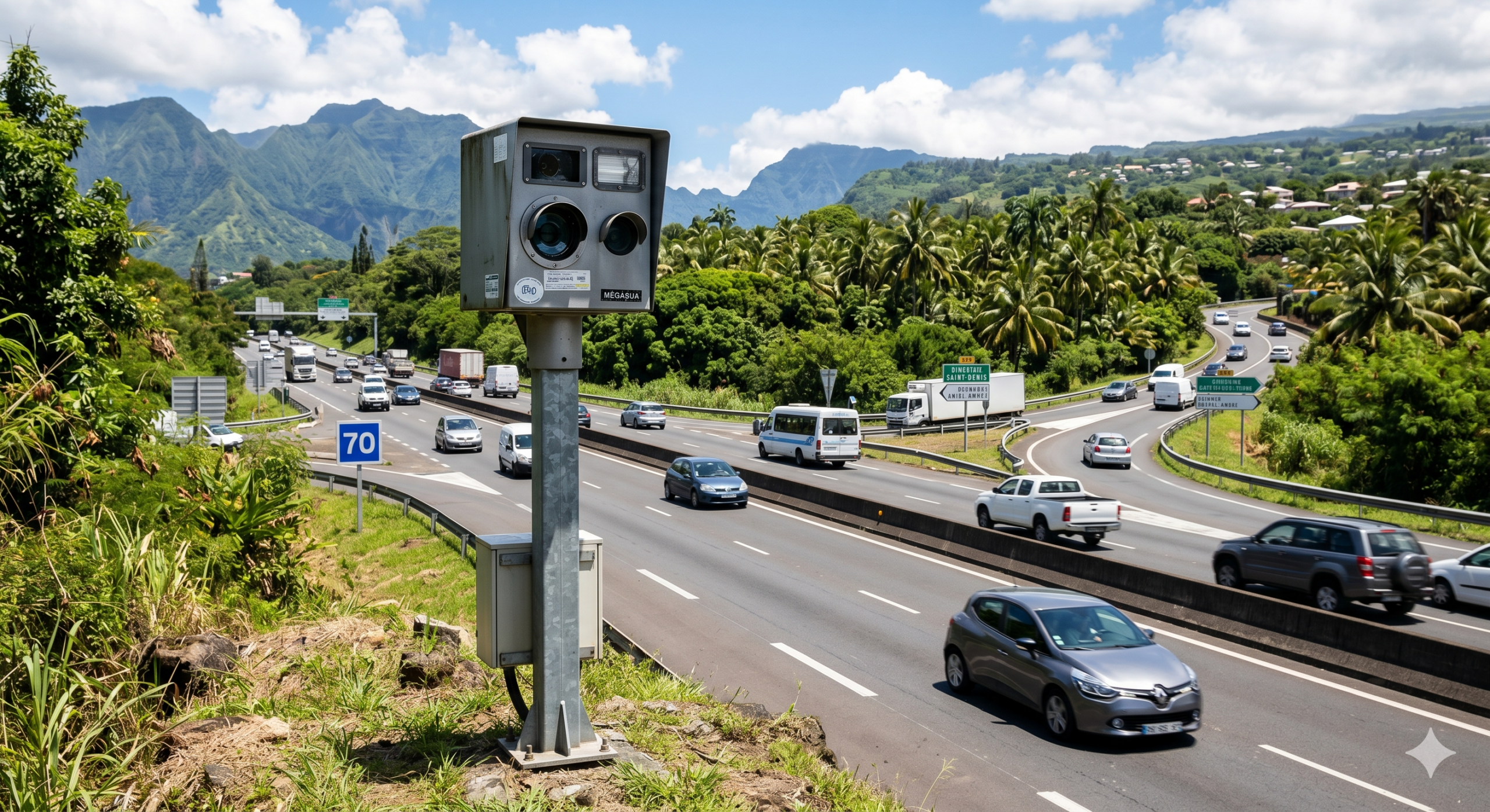 Saint-André le radar automatique installé à l'échangeur de Petit-Bazar, la sécurité routière sur l'île de La Réunion, la vitesse sur la route nationale RN2, l'amende pour l'excès de la vitesse, le retrait des points sur le permis de conduire, la préfecture de La Réunion, la bretelle d'accès de l'autoroute, le contrôle du trafic routier, la marge de l'erreur du cinémomètre, la contestation de la contravention avec l'antai, le flash du radar fixe, la prévention des accidents de la circulation.