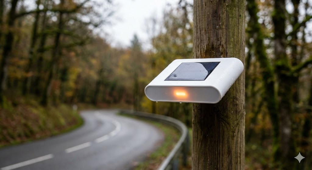 radar avertisseur minimaliste, radar préventif test, sécurité routière innovation, radar sans amende, capteur danger route, dispositif alerte conducteur, radar solaire compact, signalisation intelligente, prévention accident virage.