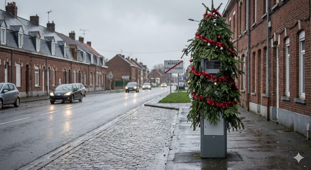 radar halluin rue de la lys, radar transformé en sapin, insolite halluin noël, radar d63 frontière belge, photo radar sapin nord, buzz radar décoré, vandalisme drôle radar, radar masqué guirlandes, contrôle vitesse rue de la lys, police halluin constat.