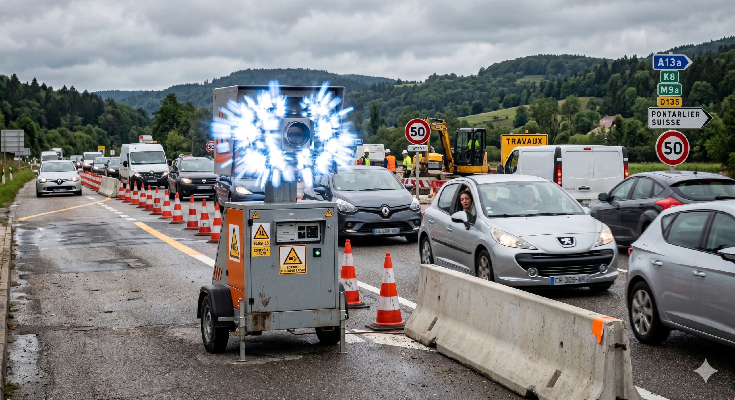 le radar de chantier en dysfonctionnement à La Cluse-et-Mijoux, les flashs intempestifs sur la route nationale RN57, le bug de la machine automatique dans le Doubs, la contestation de l'amende pour l'excès de la vitesse, le retrait des points sur le permis de conduire du conducteur, la sécurité routière et les travaux de la voirie, la panne du cinémomètre autonome laser, la préfecture de Besançon pour le recours, le trafic routier des frontaliers vers la Suisse, la contravention injuste de l'ANTAI.