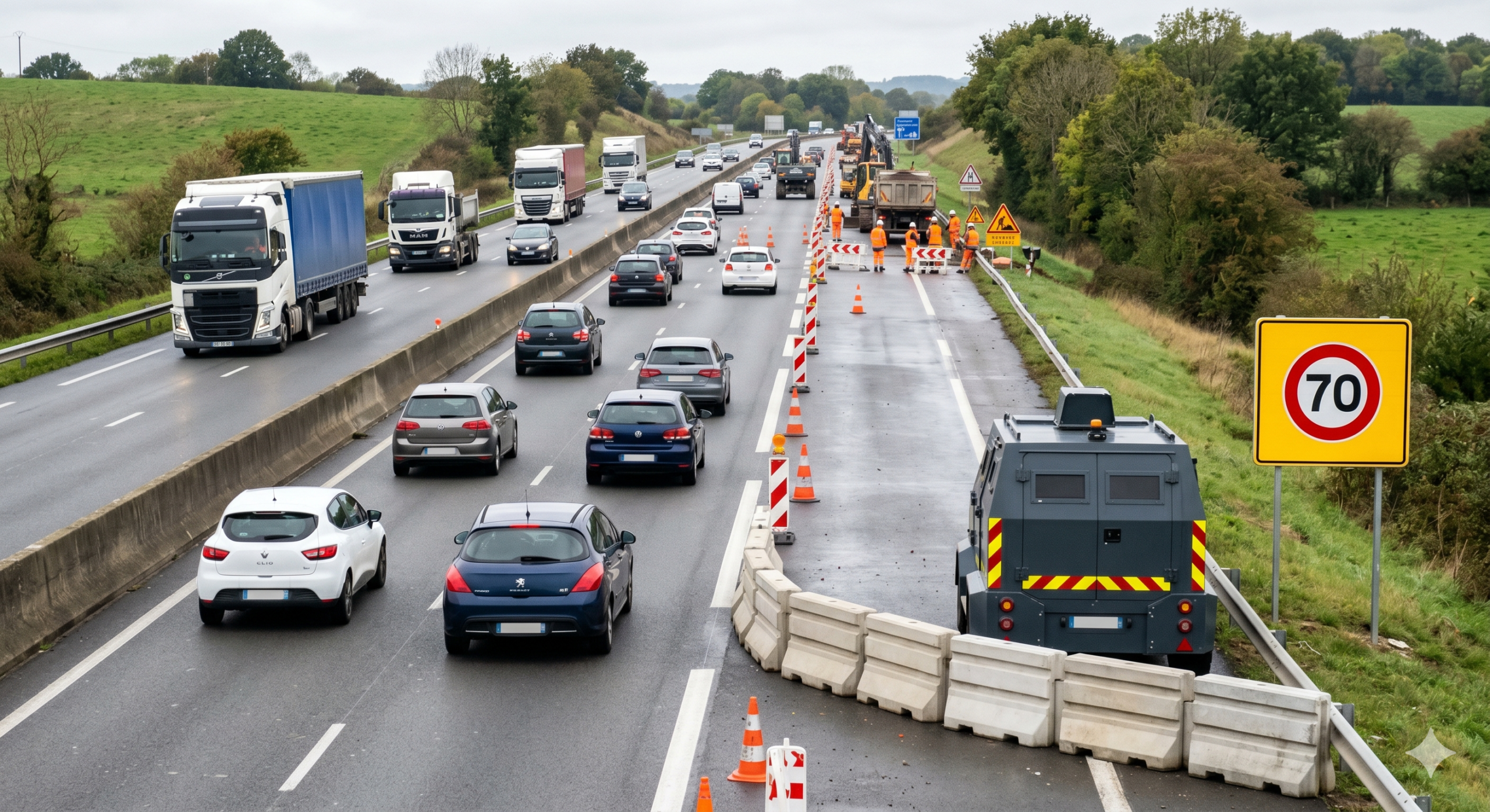 le radar de chantier à Isneauville sur l'autoroute A28, la vitesse limitée à soixante-dix kilomètres par heure, les travaux de la voirie en Normandie, l'amende pour l'excès de la vitesse hors agglomération, le dispositif mobile autonome de la sécurité routière, le retrait des points sur le permis de conduire, la protection des ouvriers sur le réseau routier, la contravention pour le conducteur de la voiture, le balayage laser du cinémomètre, la préfecture de la Seine-Maritime près de Rouen, l'agence nationale de traitement automatisé des infractions.