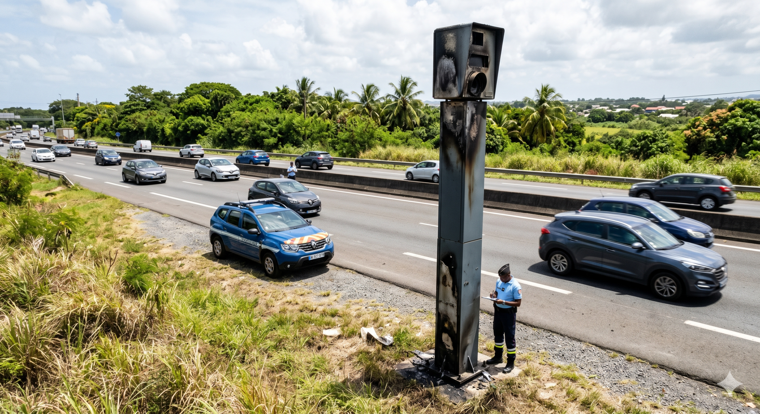 le radar tourelle incendié à Petit-Bourg, la destruction par le feu sur la route nationale 1, la direction de Pointe-à-Pitre en Guadeloupe, le vandalisme du matériel de la sécurité routière, l'amende pour la destruction du bien de l'état, l'enquête de la gendarmerie nationale, la prévention des accidents de la circulation, le remplacement de la cabine automatique, le retrait des points sur le permis de conduire, la répression pour l'excès de la vitesse, le mât noirci par les flammes de l'incendie.
