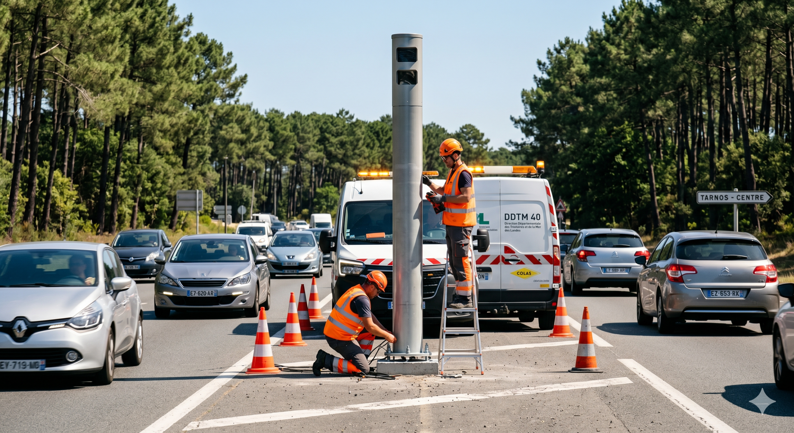 le radar en cours d'installation à Tarnos, la route très fréquentée dans le département des Landes, la sécurité routière dans le sud-ouest de la France, le contrôle de la vitesse pour l'automobiliste, l'amende pour l'excès de la vitesse, le retrait des points sur le permis de conduire, la phase de test de la machine automatique, la préfecture des Landes, le technicien sur le bord de la voirie, la cabine de la répression routière, la prévention des accidents de la circulation, le trafic routier près du Pays Basque.