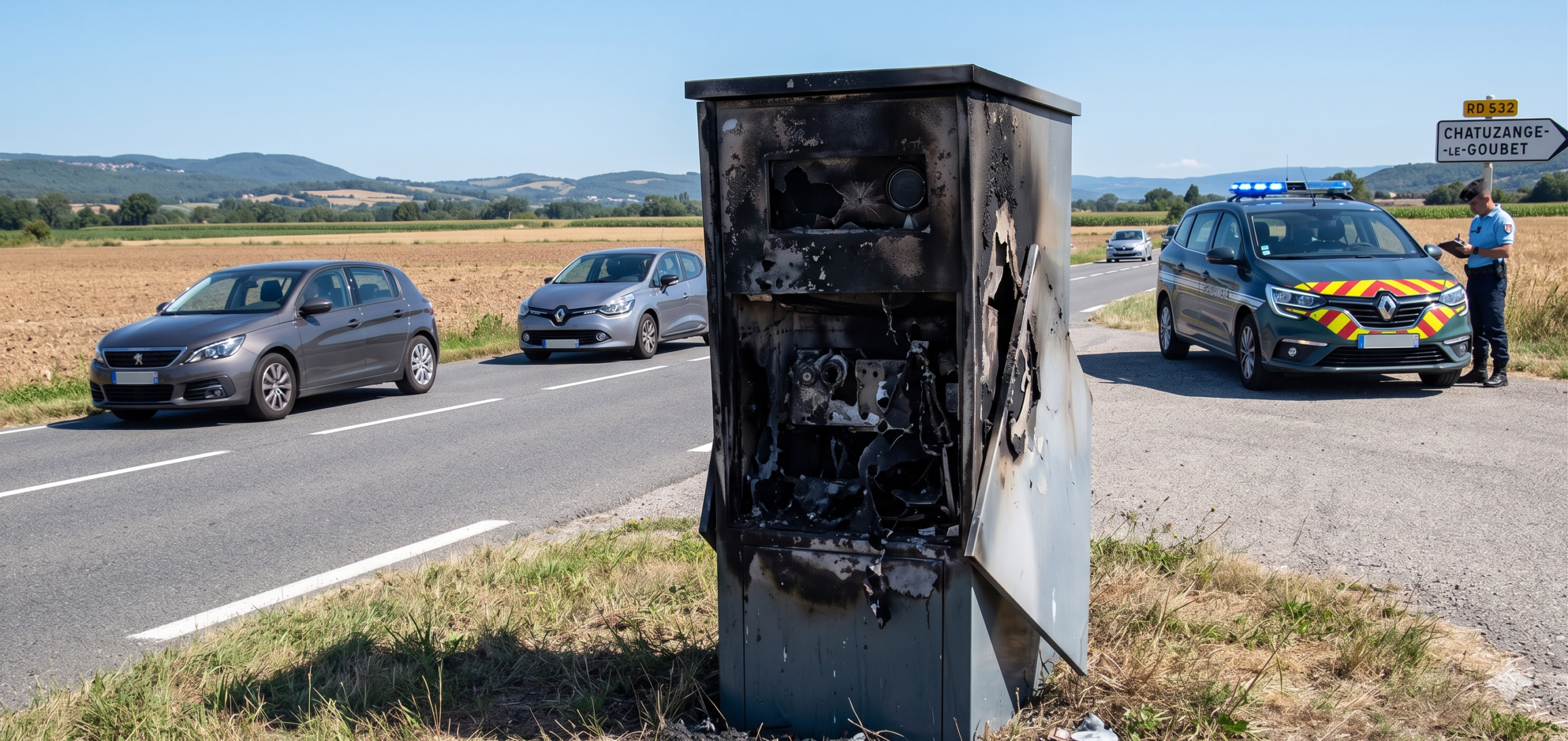 le radar incendié à Chatuzange-le-Goubet, la destruction par le feu sur la route RD 532, le vandalisme du matériel de la sécurité routière dans la Drôme, l'amende pour la dégradation du bien public de l'état, l'enquête de la gendarmerie nationale pour l'incendie, le retrait des points sur le permis de conduire du conducteur, la prévention des accidents de la circulation, la cabine automatique de la vitesse détruite près de Romans-sur-Isère, la contravention électronique de l'ANTAI, la carcasse calcinée sur le bord de la voirie.