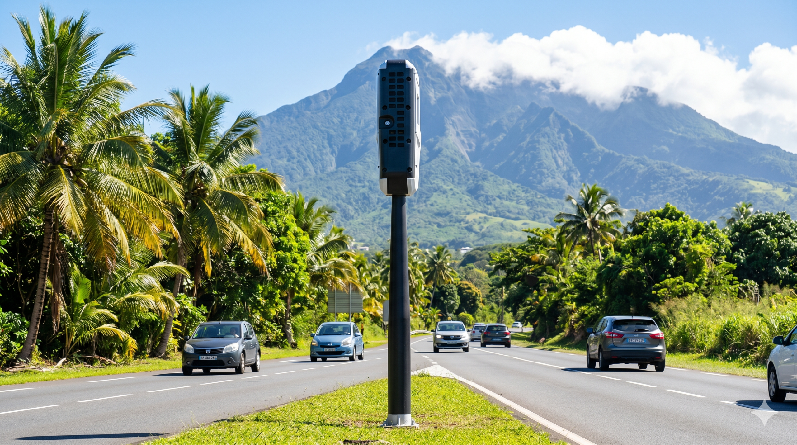 le radar tourelle dans le Sud Basse-Terre, la sécurité routière sur la route nationale 1, le contrôle de la vitesse en Guadeloupe, le mât de la cabine automatique, l'amende pour le conducteur de la voiture, le retrait des points sur le permis de conduire, le flash infrarouge du dispositif, la prévention des accidents de la circulation, la préfecture de la Basse-Terre, la technologie de la multi-infraction, le respect de la limitation de la vitesse aux Antilles.