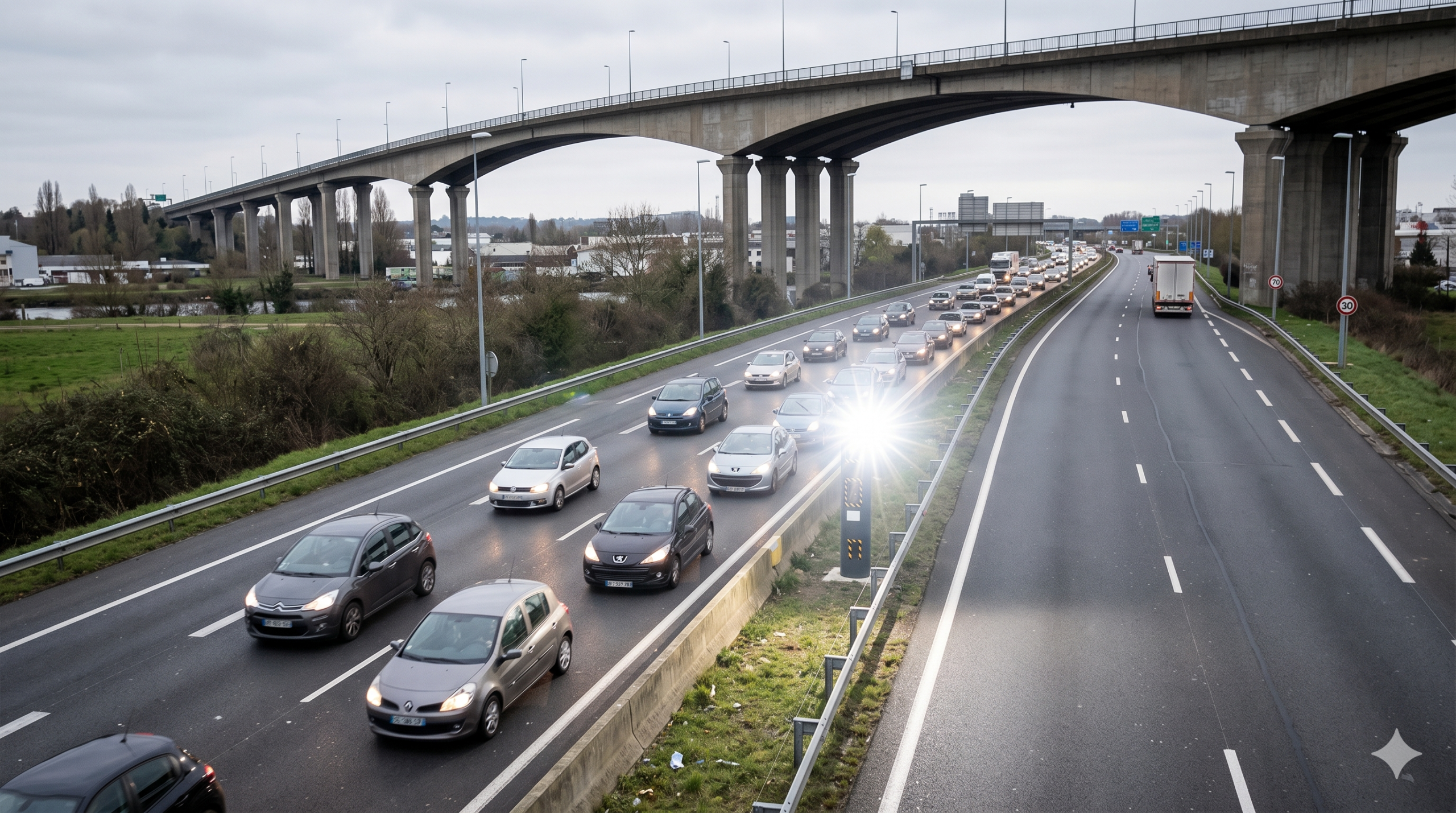 le radar défaillant qui flashe en continu à Caen, le bug de la machine automatique sur le périphérique N814, la panne du contrôle de la vitesse avant le viaduc de Calix, la contestation de l'amende dans le département du Calvados, le retrait des points sur le permis de conduire, la sécurité routière sur le réseau routier de la Normandie, le dysfonctionnement du cinémomètre de la voirie, la préfecture de Caen pour le recours juridique, la contravention injustifiée pour le conducteur de la voiture, l'agence nationale de traitement automatisé des infractions.