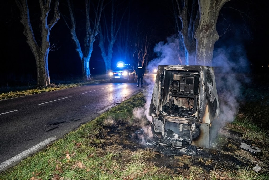 radar incendié Peyrens, destruction radar Aude, feu radar automatique, vandalisme routier RD624, gendarmerie Castelnaudary, carcasse radar brûlée, sécurité routière Occitanie, remplacement radar tourelle, délit destruction bien public, amende incendie volontaire, route départementale 624, trafic Castelnaudary Revel, pompier intervention feu, radar vitesse détruit, enquête gendarmerie Aude, peinture tag radar, radar mobile remplacement, coût destruction radar, tribunal correctionnel, peine prison vandale.
