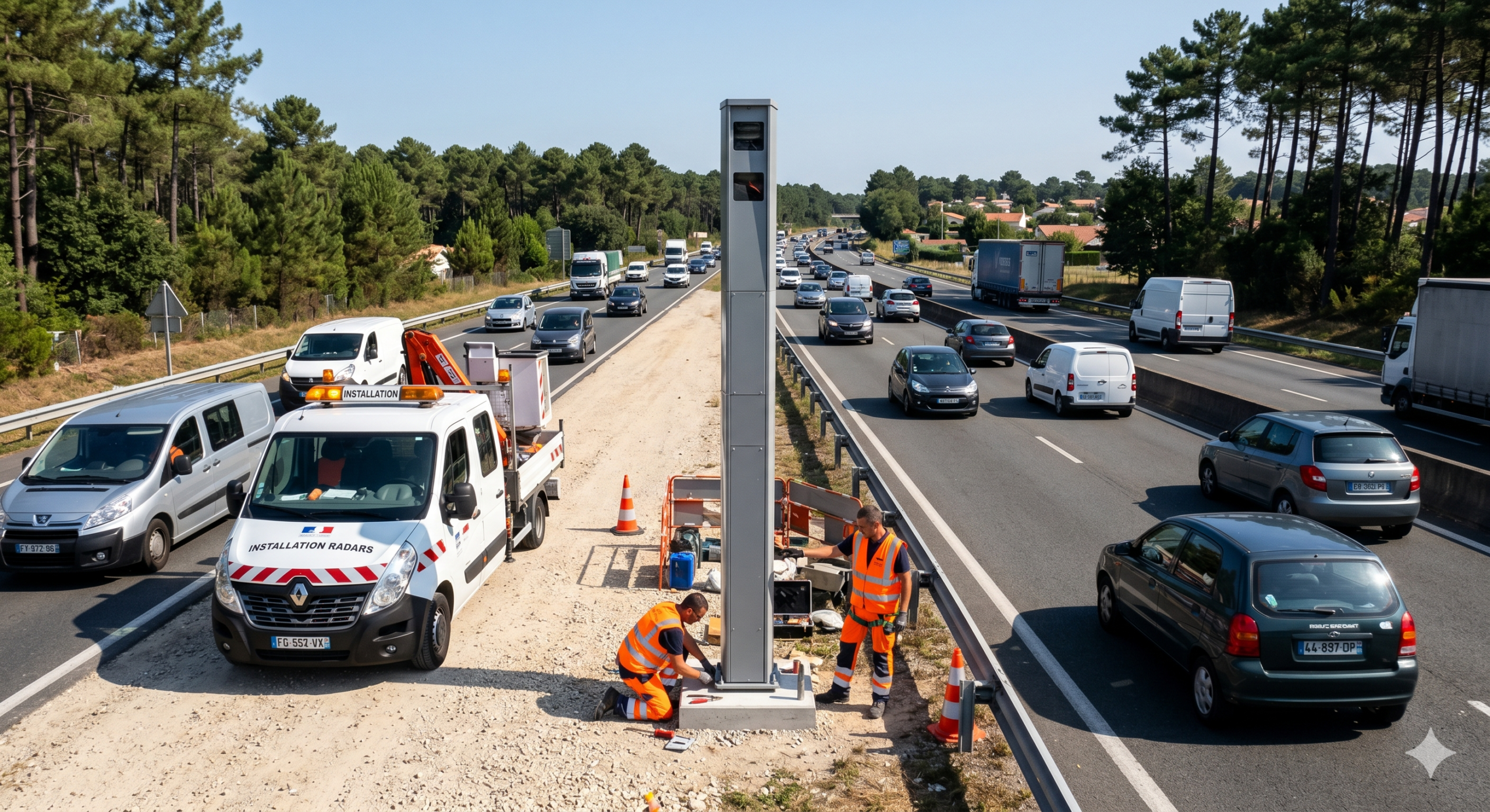 le radar en cours d'installation à Tarnos, la route très fréquentée dans le département des Landes, la sécurité routière dans le sud-ouest de la France, le contrôle de la vitesse pour l'automobiliste, l'amende pour l'excès de la vitesse, le retrait des points sur le permis de conduire, la phase de test de la machine automatique, la préfecture des Landes, le technicien sur le bord de la voirie, la cabine de la répression routière, la prévention des accidents de la circulation, le trafic routier près du Pays Basque.