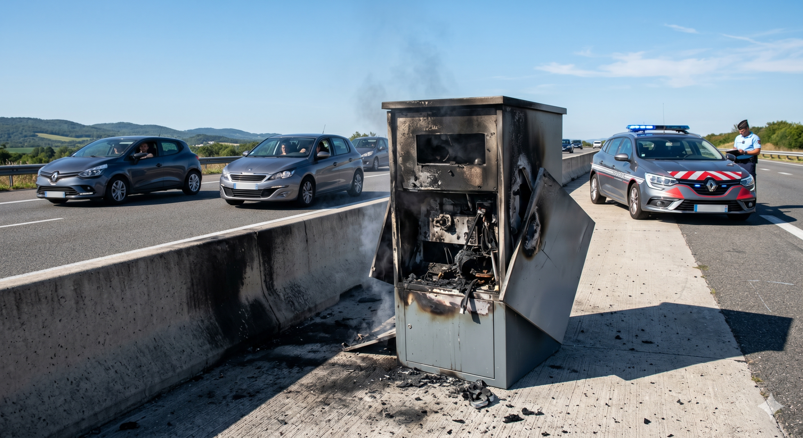 le radar fixe vandalisé dans la Drôme, la destruction sur la LACRA entre Valence et Romans, le boîtier automatique incendié sur la voie rapide, l'amende pour la dégradation du bien public de l'état, l'enquête de la gendarmerie nationale pour le feu, le retrait des points sur le permis de conduire, la sécurité routière et la prévention des accidents, la contravention pour l'excès de la vitesse, le remplacement de la machine de la répression, le coût de la réparation de la voirie pour le contribuable, le contrôle de la circulation routière.