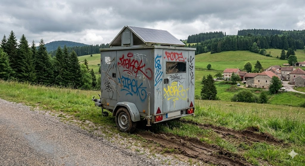 Hyper-realistic photo, journalistic style, shot on a rural roadside near the RD 673 in the Jura region (France). In the foreground, a large grey "radar autonome" trailer is covered in various colorful spray paint tags and scratches. Mud tracks indicate it has been roughly moved. The background shows rolling green hills, forests, and a distant village under a cloudy sky. High detail on the damaged surface, no text.