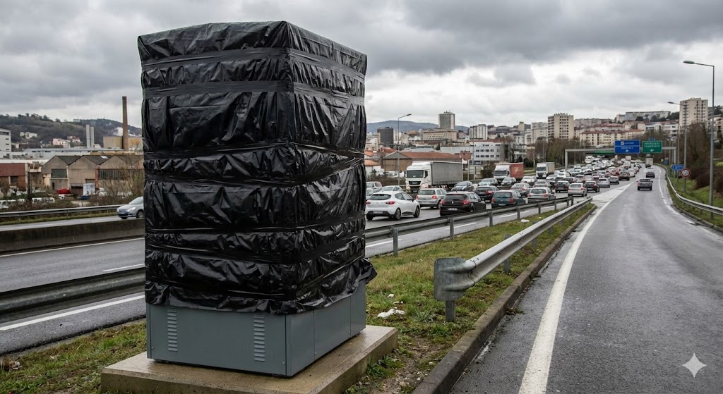 Saint-Étienne, radar fixe emballé, bâche agricole noire, RN88, autoroute A72, bifurcation La Terrasse, radar discriminant, excès de vitesse, contestation sociale, agriculteurs en colère, flash neutralisé, amende annulée, contrôle mobile police, sécurité routière Loire, préfecture 42, direction interdépartementale des routes, vandalisme léger, entrave à la circulation, limitation 90 km/h, périphérique stéphanois.