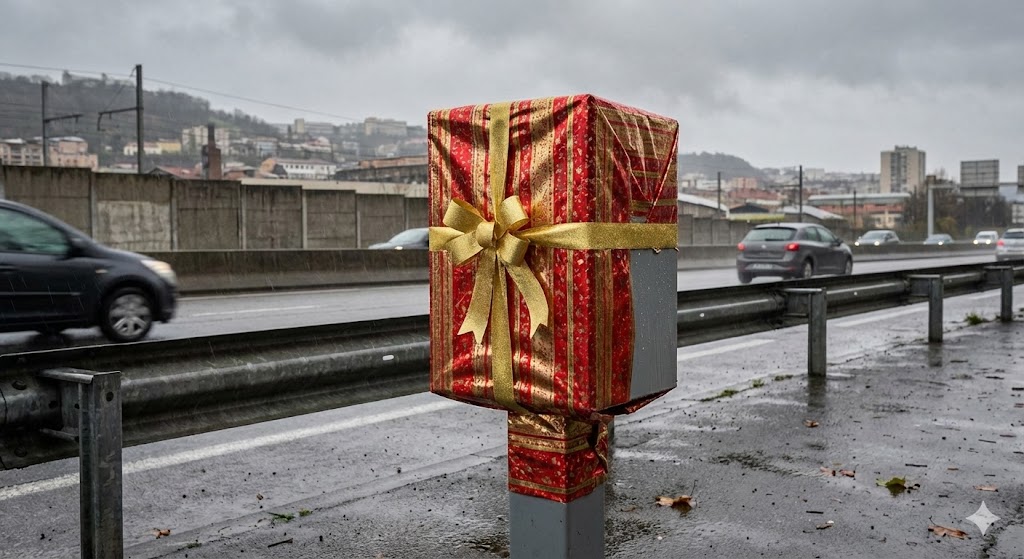 radar terrenoire papier cadeau, radar rn88 saint-étienne, radar emballé noël, insolite loire, radar fixe masqué, vandalisme radar saint-étienne, circulation rn88, radar paquet cadeau, gendarmerie loire, sécurité routière 42.