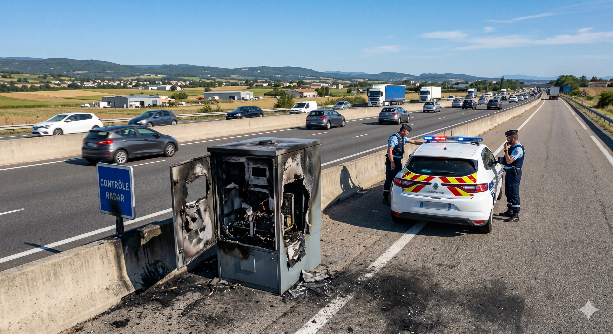 le radar fixe vandalisé dans la Drôme, la destruction sur la LACRA entre Valence et Romans, le boîtier automatique incendié sur la voie rapide, l'amende pour la dégradation du bien public de l'état, l'enquête de la gendarmerie nationale pour le feu, le retrait des points sur le permis de conduire, la sécurité routière et la prévention des accidents, la contravention pour l'excès de la vitesse, le remplacement de la machine de la répression, le coût de la réparation de la voirie pour le contribuable, le contrôle de la circulation routière.
